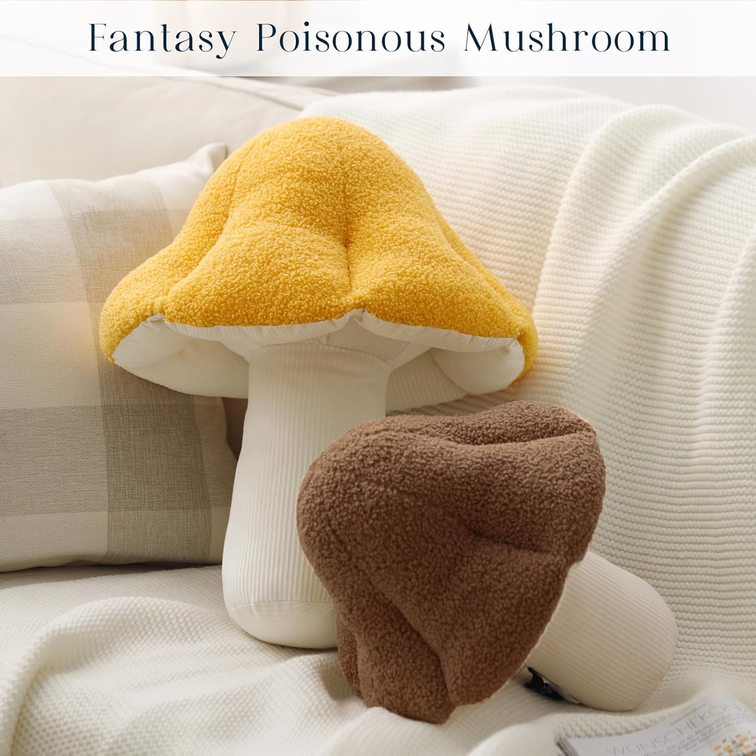 Phantoscope Mushroom Shaped Throw Pillow, Teddy Fleece Soft Mushroom Decorative Pillows Cute 3D Shaped Cushion for Couch Sofa Bed Chair, Yellow,16 x 14 inches
