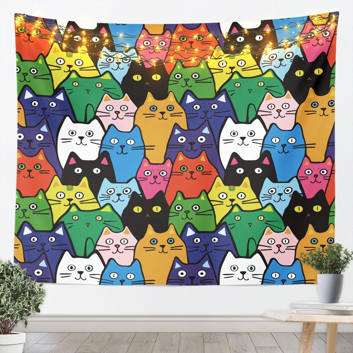 jejeloiu Cartoon Cat Tapestry Colorful Cat Wall Art Cute Kitten Wall Hanging Blanket for Living Room Bedroom Animal Home Decor Medium 59"x59"