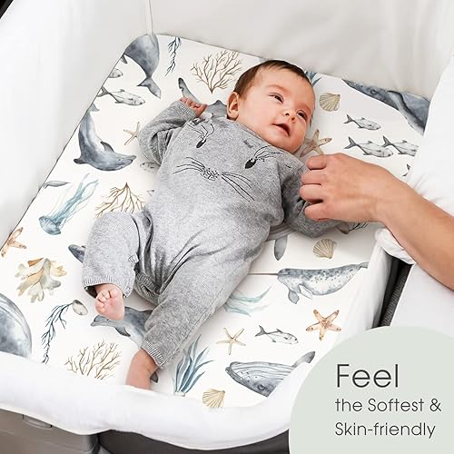 Vista 47 de GRSSDER Juego de 2 sábanas elásticas ultra suaves para moisés, ajuste universal para moisés, cesta de moisés, colchón rectangular ovalado, seguro