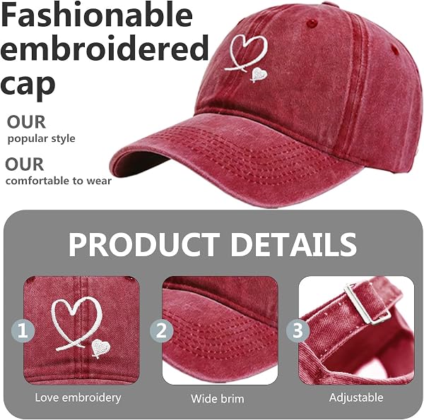 Casquette de baseball unisexe réglable en coton avec broderie en forme de cœur - 3