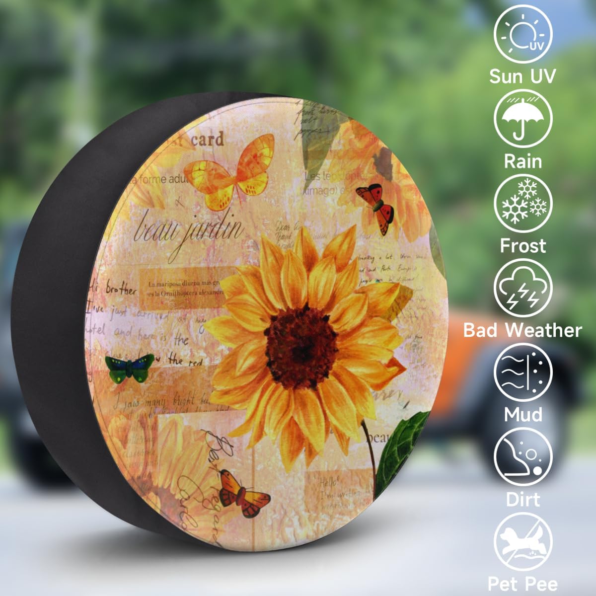 Sunflower Butterfly Tire Covers Portable Spare Tire Cover Soft Durable Waterproof Dustproof 3 Sizes 14 15 16 Inches for Car Truck SUV Trailer Camper
