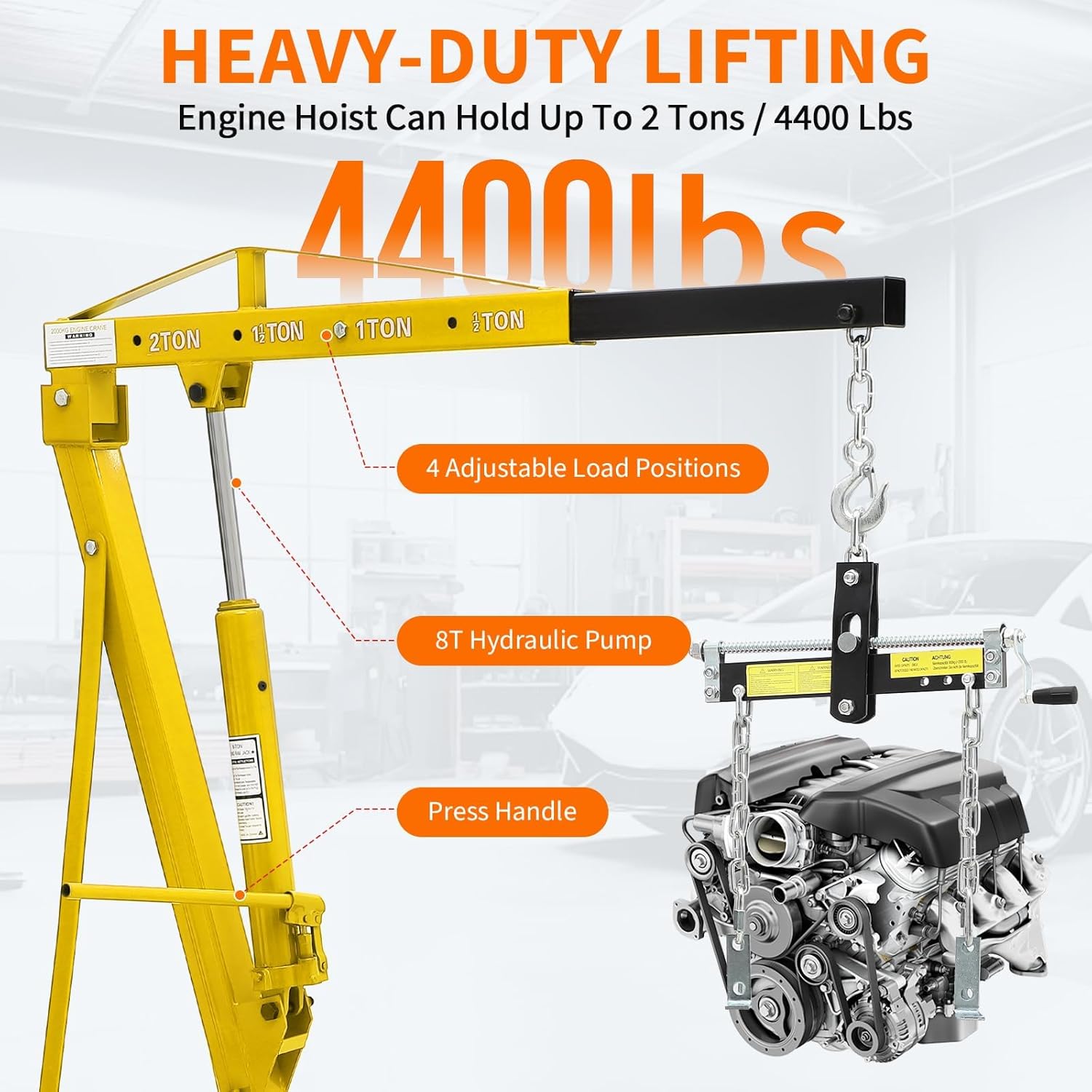 2 ton folding hydraulic engine hoist with load leveler 4400 lbs capacity heavy duty cherry picker 6 swivel wheels&hydraulic pump adjustable boom (0.5t-2t) for garage workshop warehouse yellow