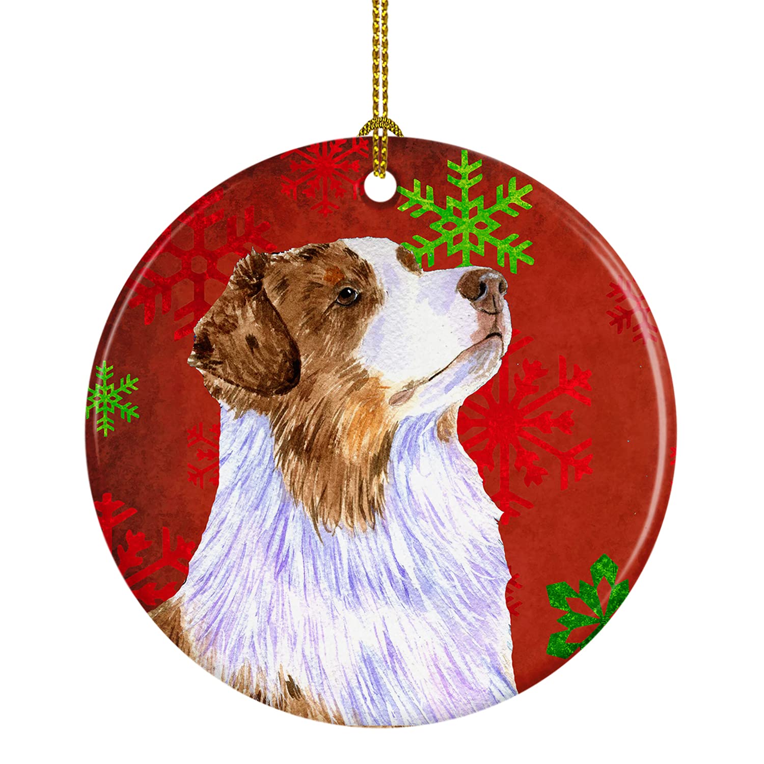 Caroline's Treasures Australian Shepherd Red Green Snowflakes Christmas Ceramic Ornament Christmas Tree Hanging Decorations for Home Christmas Holiday, Party, Gift, 3 in, Multicolor
