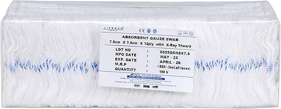 LIFEMED Non-Sterile Gauze Swab 7.5cm x 7.5cm x 12Ply with X-Ray Detectable Thread – High-Absorbency Medical Dressing for Wound Care, Surgical Use & First Aid (Pack of 100 Swabs)
