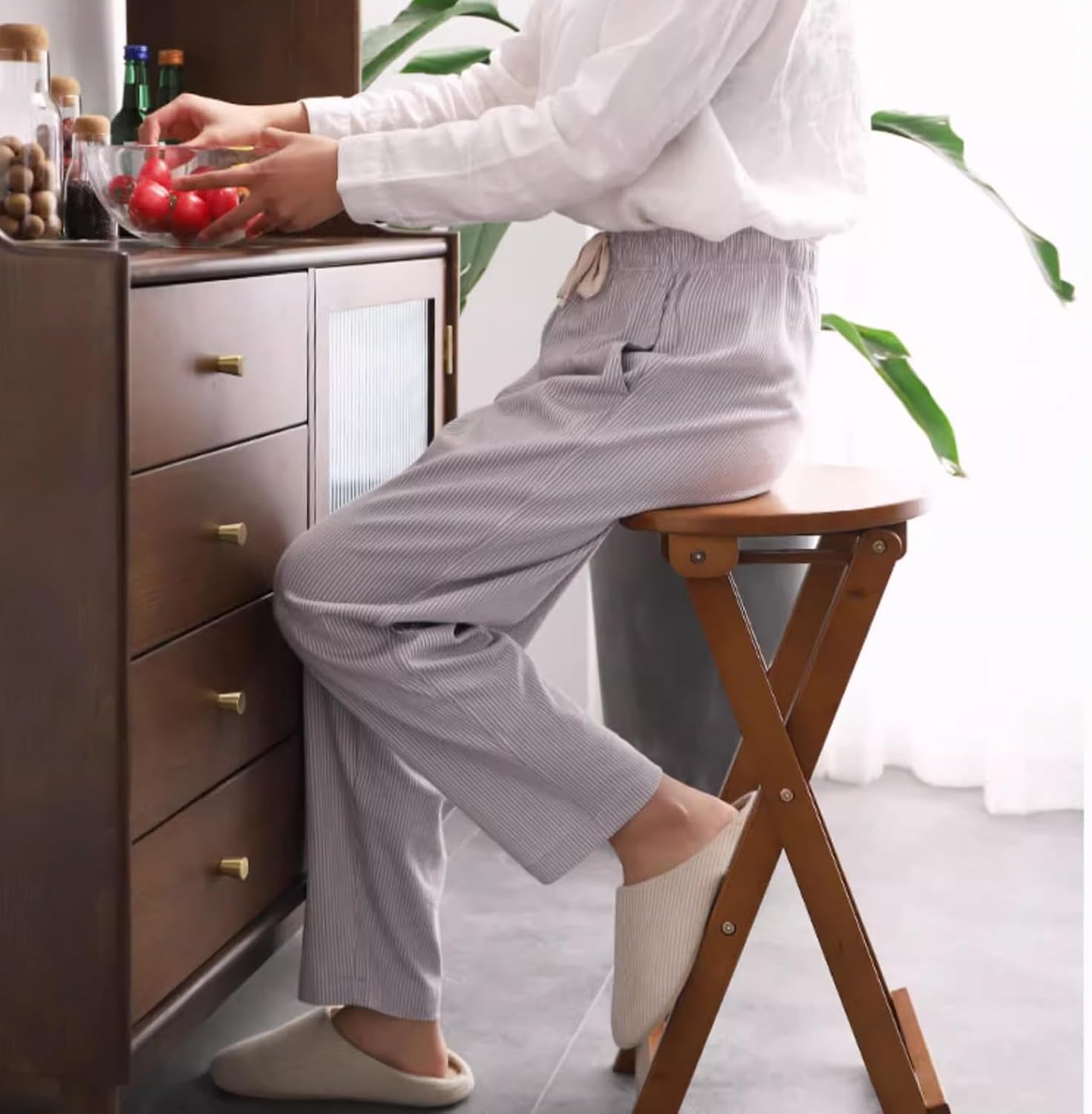 24in Portable Folding Stool for Breakfast, Backless Wooden Foldable Kitchen Chair with Footrest, Height Adults (Color : Blue 2) (Blue 2 One Size)