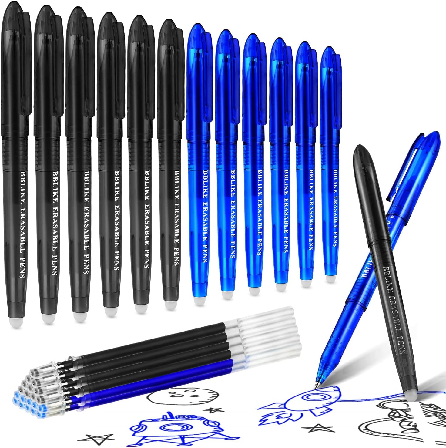BBLIKE Erasable Pens - 12 Pcs Rub Out Pens and 20 Refills, 0.7mm Rubber Rollerball Pen, Pen with Eraser on the End, Handwriting Writing Pens for Adults Kids School Office Stationary (Blue and Black)