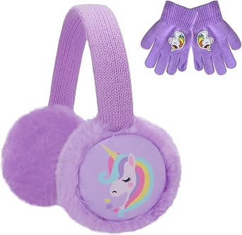ACTLATI Kids Knit Unicorn Earmuffs and Gloves Set Girls Plush Ear Muffs Winter Outdoor Ear Warmers and Mittens Set