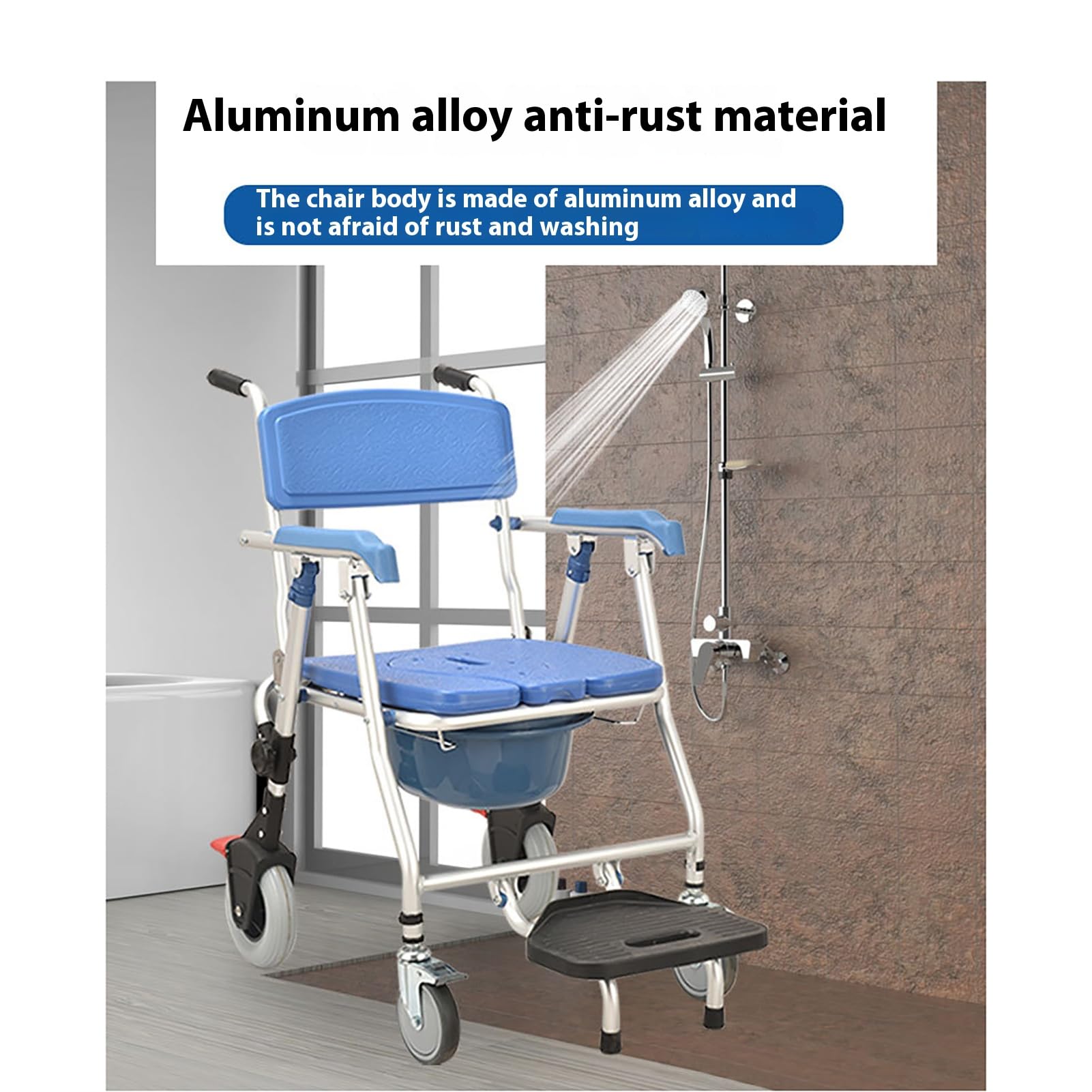 Silla de inodoro plegable portátil 3 en 1, silla de ruedas, cama plegable con bandeja y 4 ruedas con bloqueo(B)