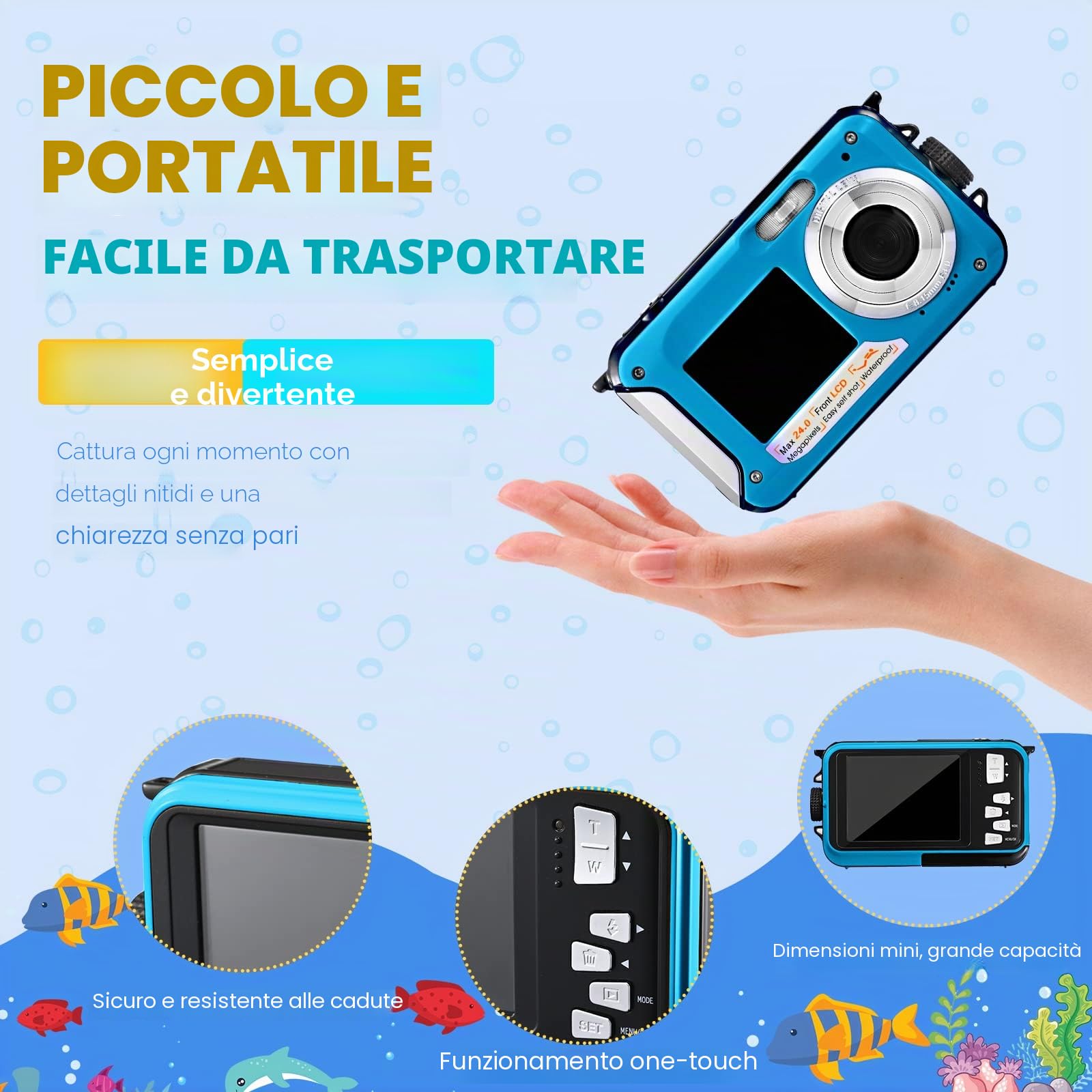 Fotocamera subacquea, Full HD 2.7K 24MP fotocamera digitale impermeabile, fotocamera compatta impermeabile 10FT, zoom digitale 16X, autofocus, fotocamera anti-shake per bambini, adolescenti