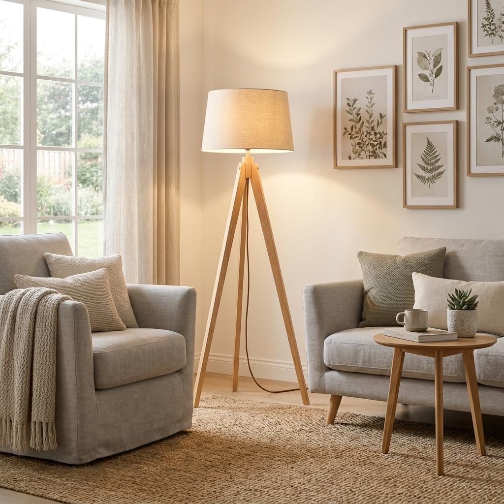BARCELONA LED NASHUA Stehlampe mit Holzstativ und weißem Stoffschirm Skandinavische nordische Stehleuchte mit E27 Fassung, minimalistisches Design für Wohnzimmer, Schlafzimmer