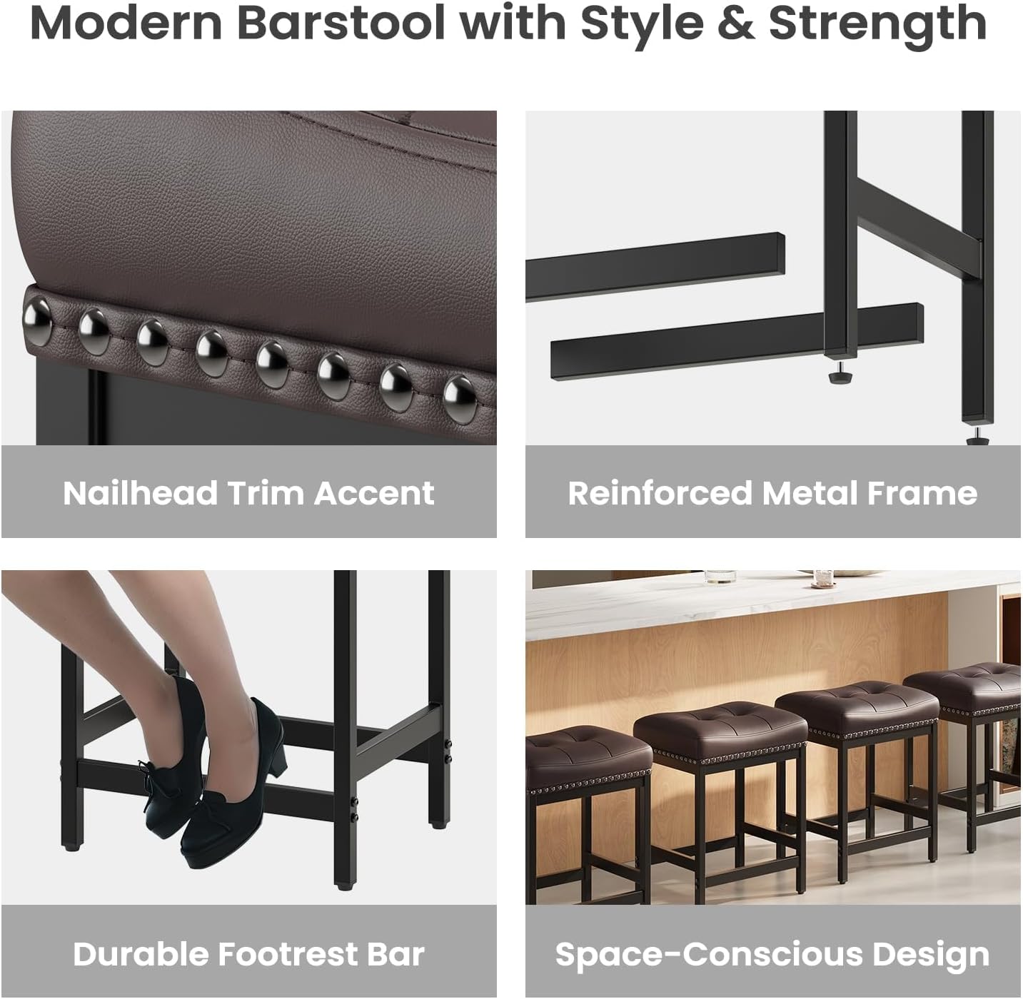 MALOL Set of 2 Saddle Bar Stools Counter Height 24.4”, Brown Backless Barstools for Kitchen Island, Modern PU Leather Cushioned Seat, Bar Chairs for Kitchen Counter, Breakfast Bar Stools for Home