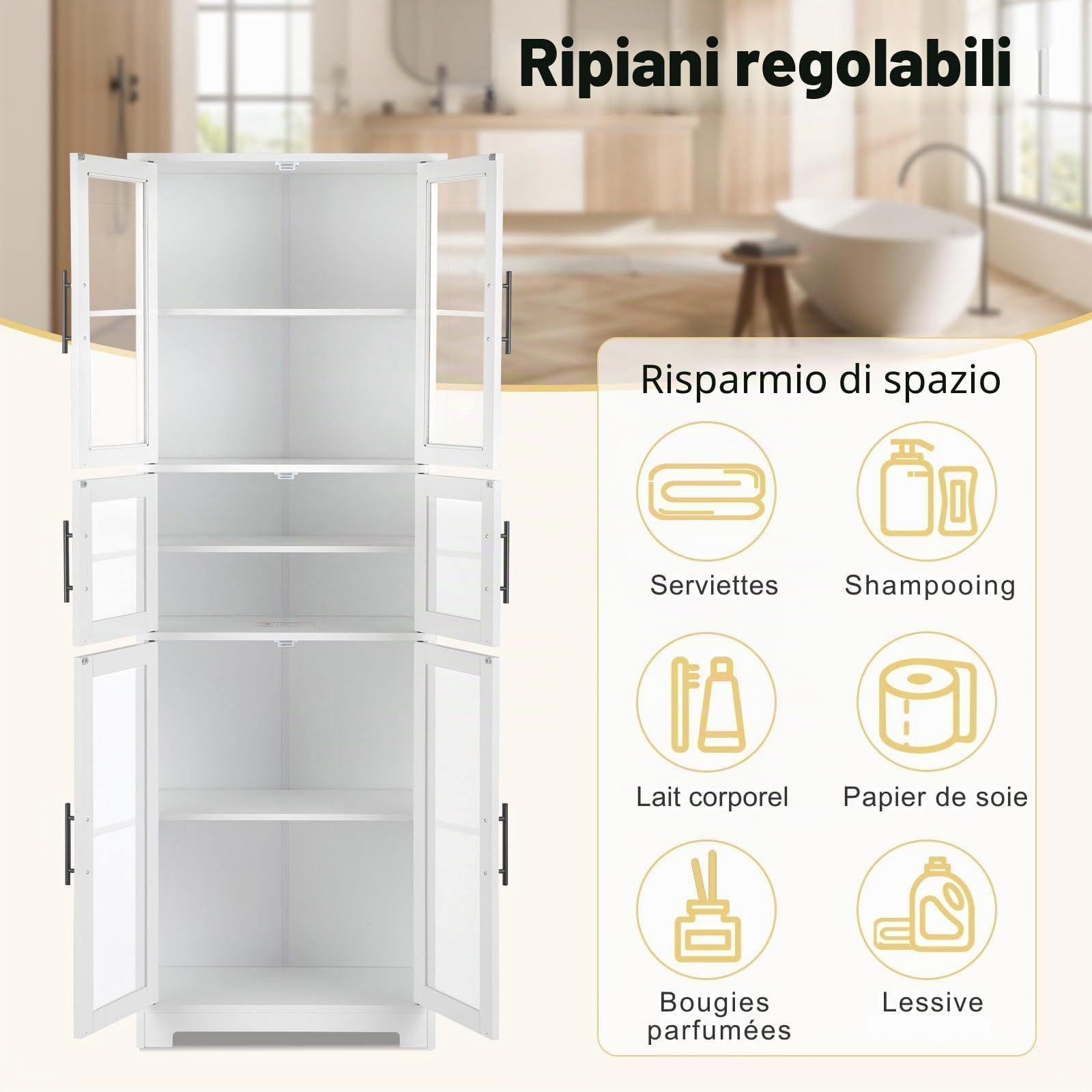 LEADZM Credenza da cucina alta, mobile per riporre oggetti, armadio, ampio spazio con 4 ante, due cassetti per soggiorno, camera da letto, ufficio, 60 x 30 x 170 cm (6 porte)