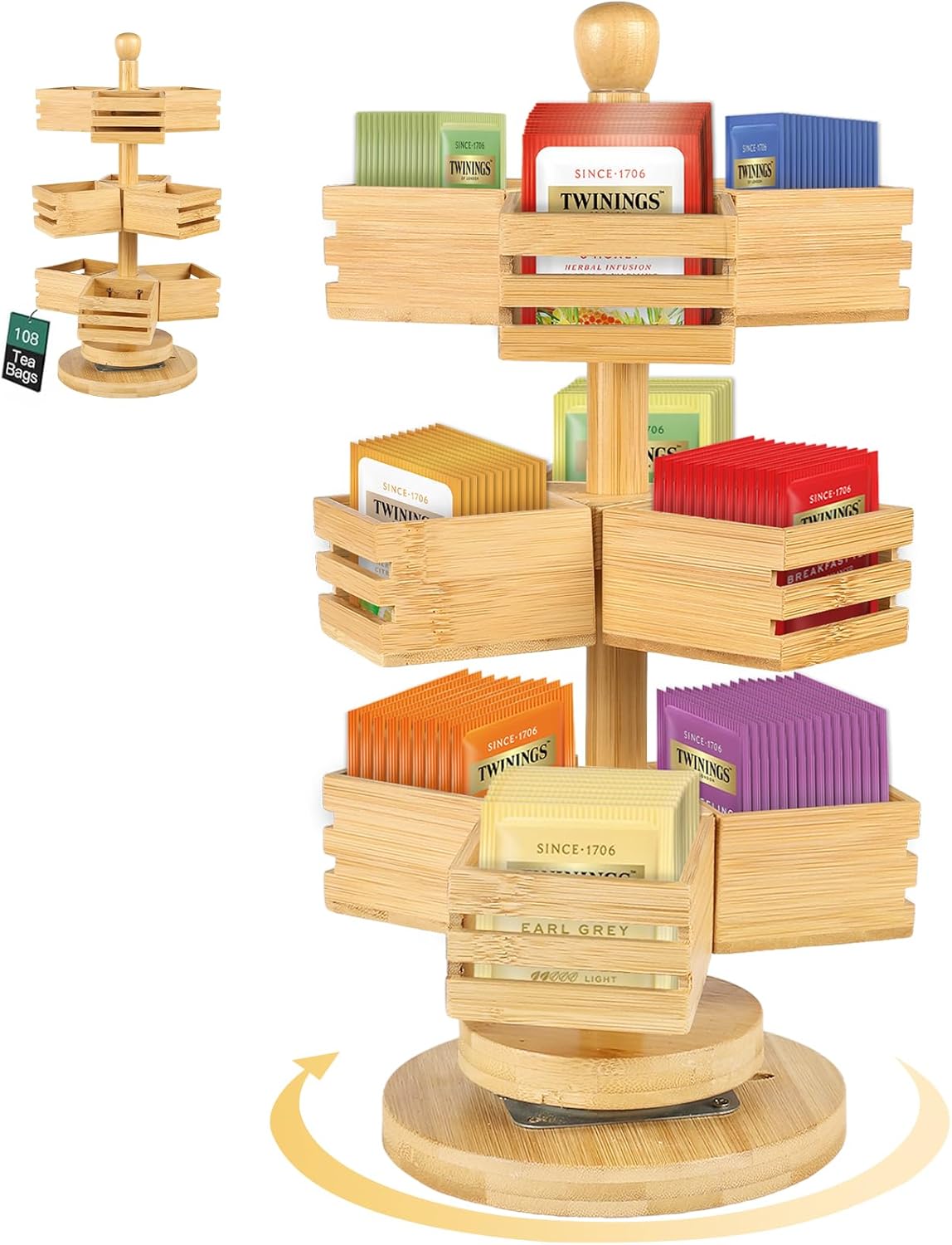 Bamboo Tea Bag Organizer 3 Tier Stackable Tea Bag Storage Holder Spinning Carousel with 9 Compartments Rotating Tea Bag Caddy for Kitchen Counter Cabinet Up to 108 Tea Bag Storage (Natural)
