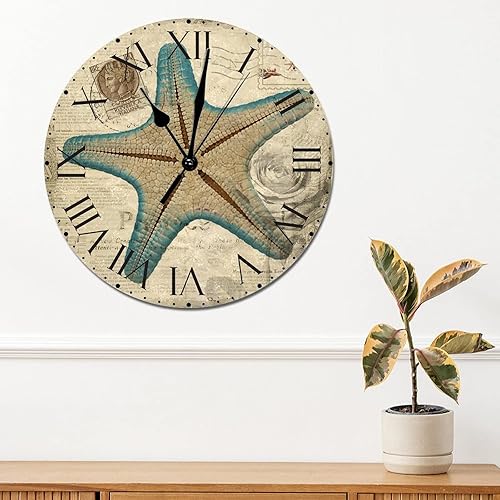 Miniatura 13 de ArogGeld Reloj de pared con diseño de estrella de mar antigua francesa, de cloruro de polivinilo, con números romanos, de 10 pulgadas, funciona