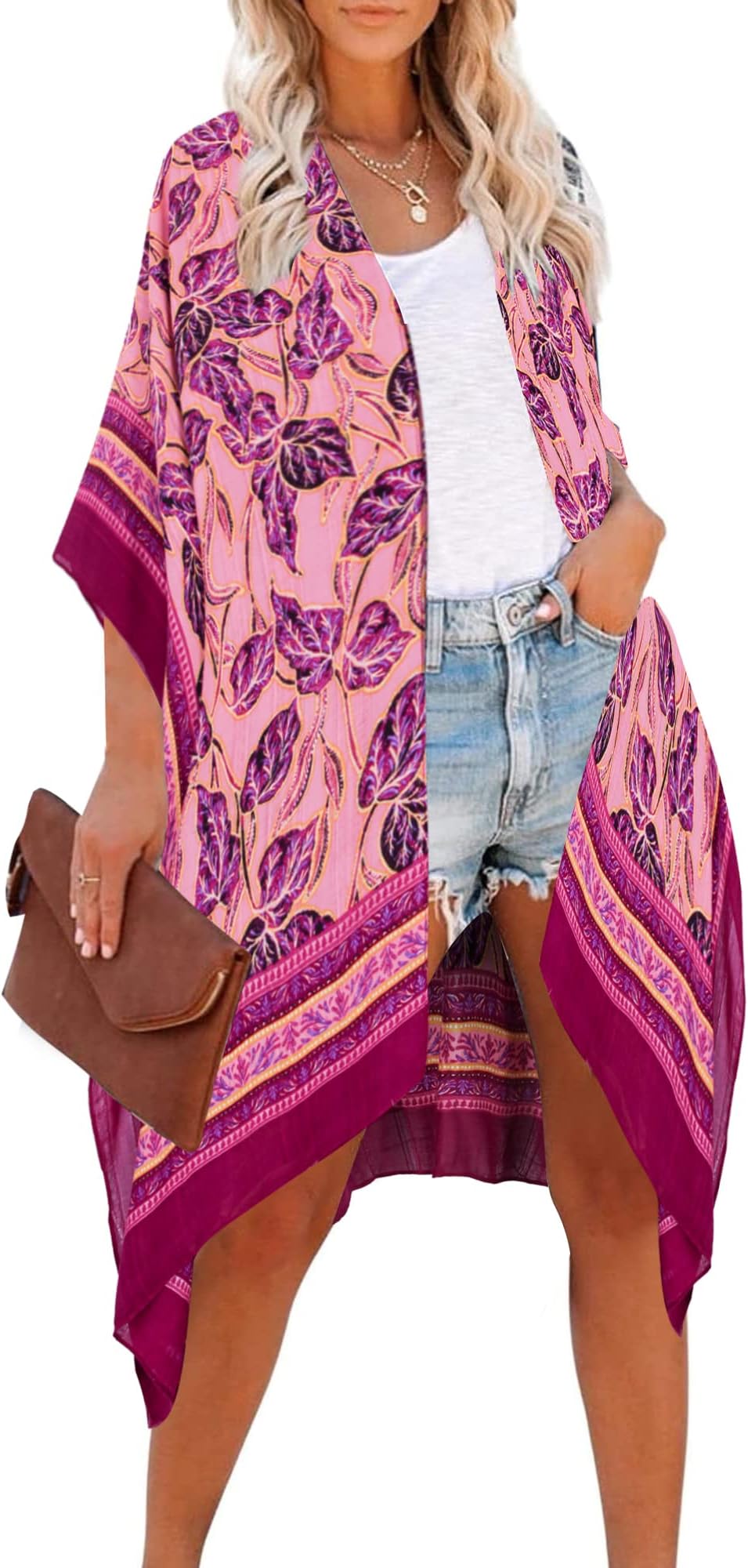 Moss Rose Women's Beach Cover up Swimsuit Kimono Cardigan with Bohemian Floral Print