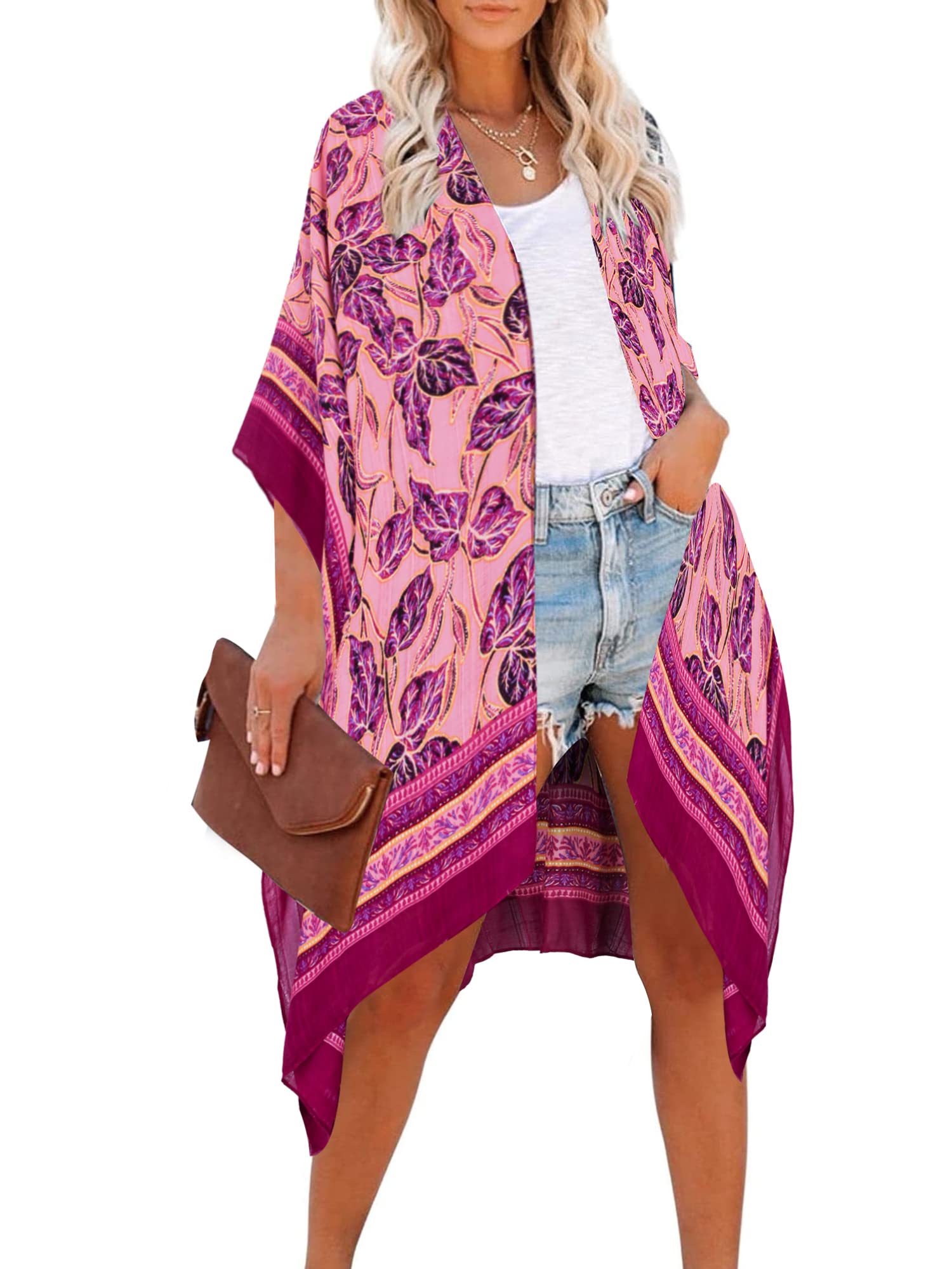 Women's Beach Cover up Swimsuit Kimono Cardigan with Bohemian Floral Print