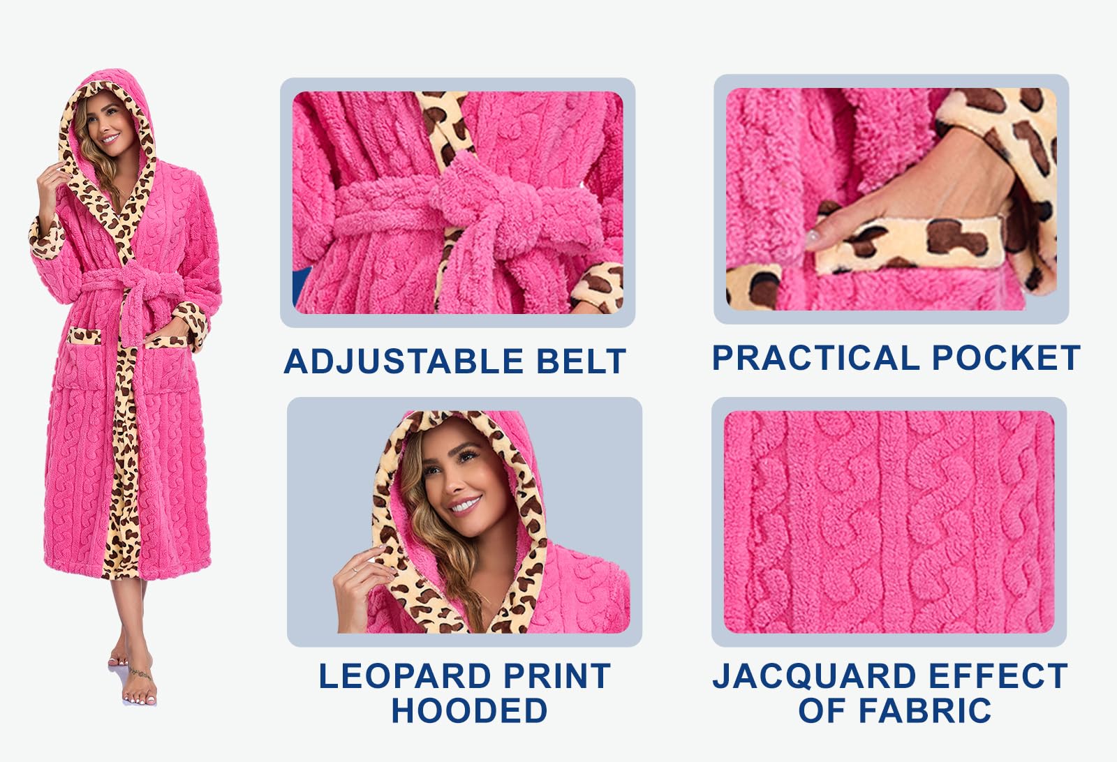 RONGTAI Accappatoio Donna con Cappuccio in Pile Loop, Stampa Leopardata - Morbido, Caldo ed Elegante, Tendenza Moda per Casa, SPA e Regalo