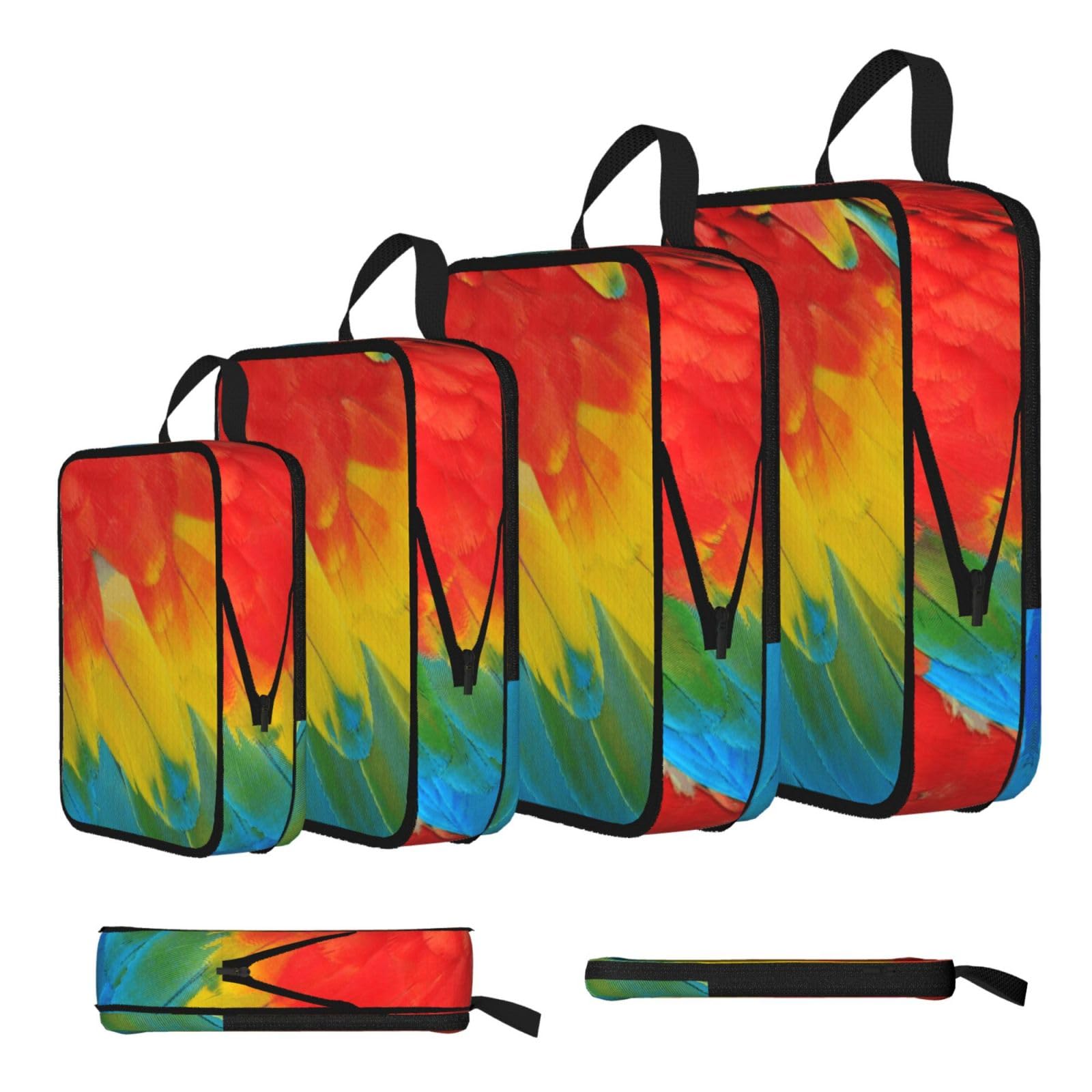 Fantastic Parrot Feather Print Compression Packing Cubes 4-Piece Set With Multi- Compartment Travel Bag, Waterproof Suitcase Organiser Bags