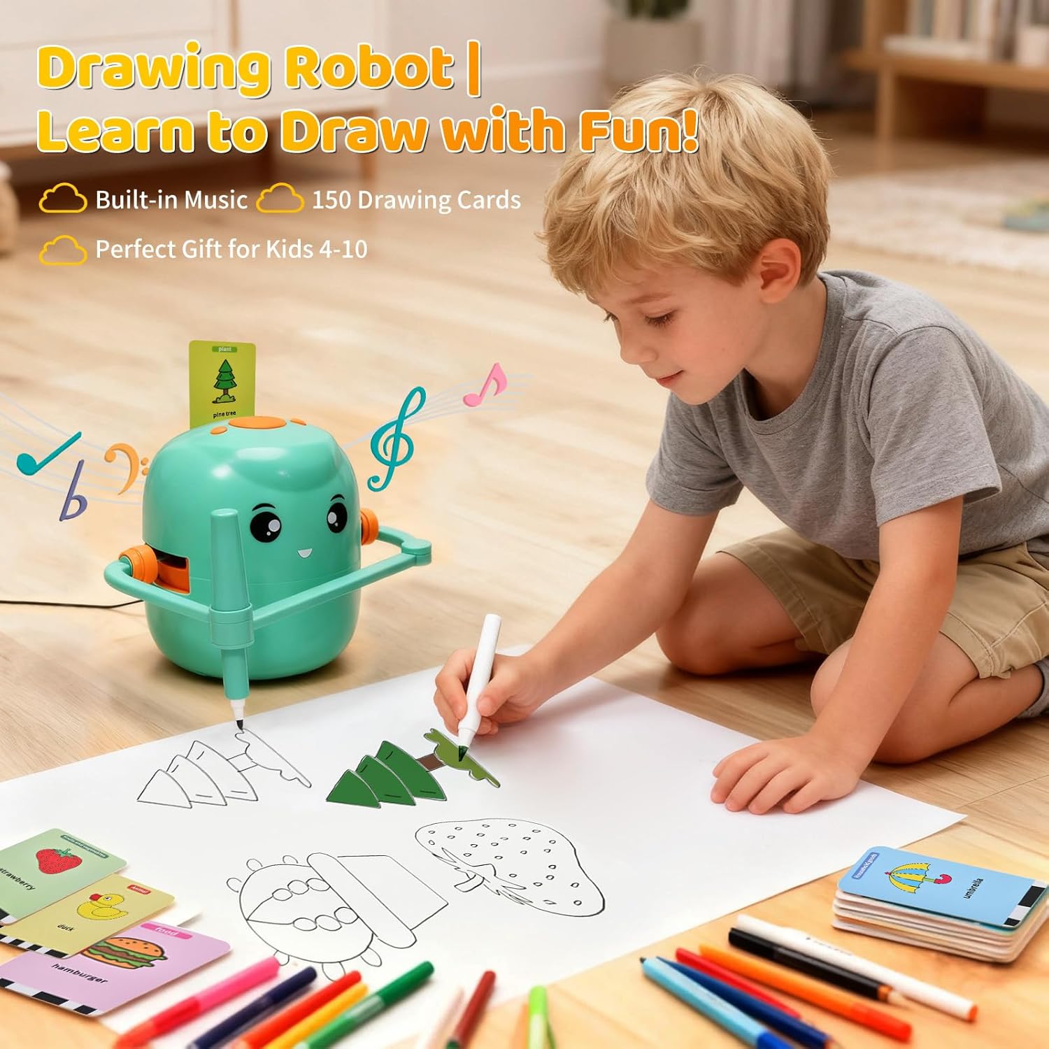 Drawing Robot for Kids, Voice Interactive Educational Drawing Machine with 150 Drawing Cards, Montessori Learning Toys for Kids Ages 3-8, for Boys & Girls (Green)