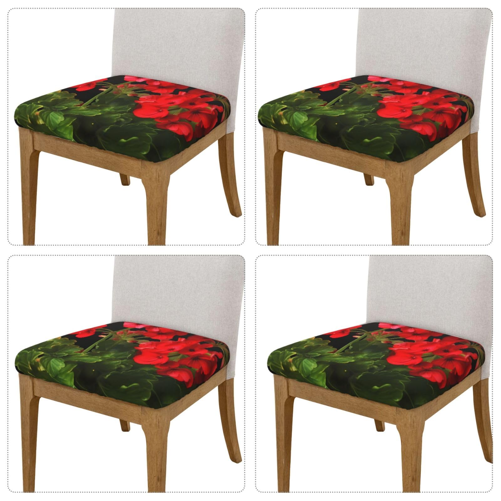 FHEDVBN Red Geraniums Bar Stool Cover Four Pieces Washable Square Seat Cushion Covers Stretch Non Slip Barstool Slipcovers Soft Velvet Chair Covers for Kitchen, Dining Room Decor