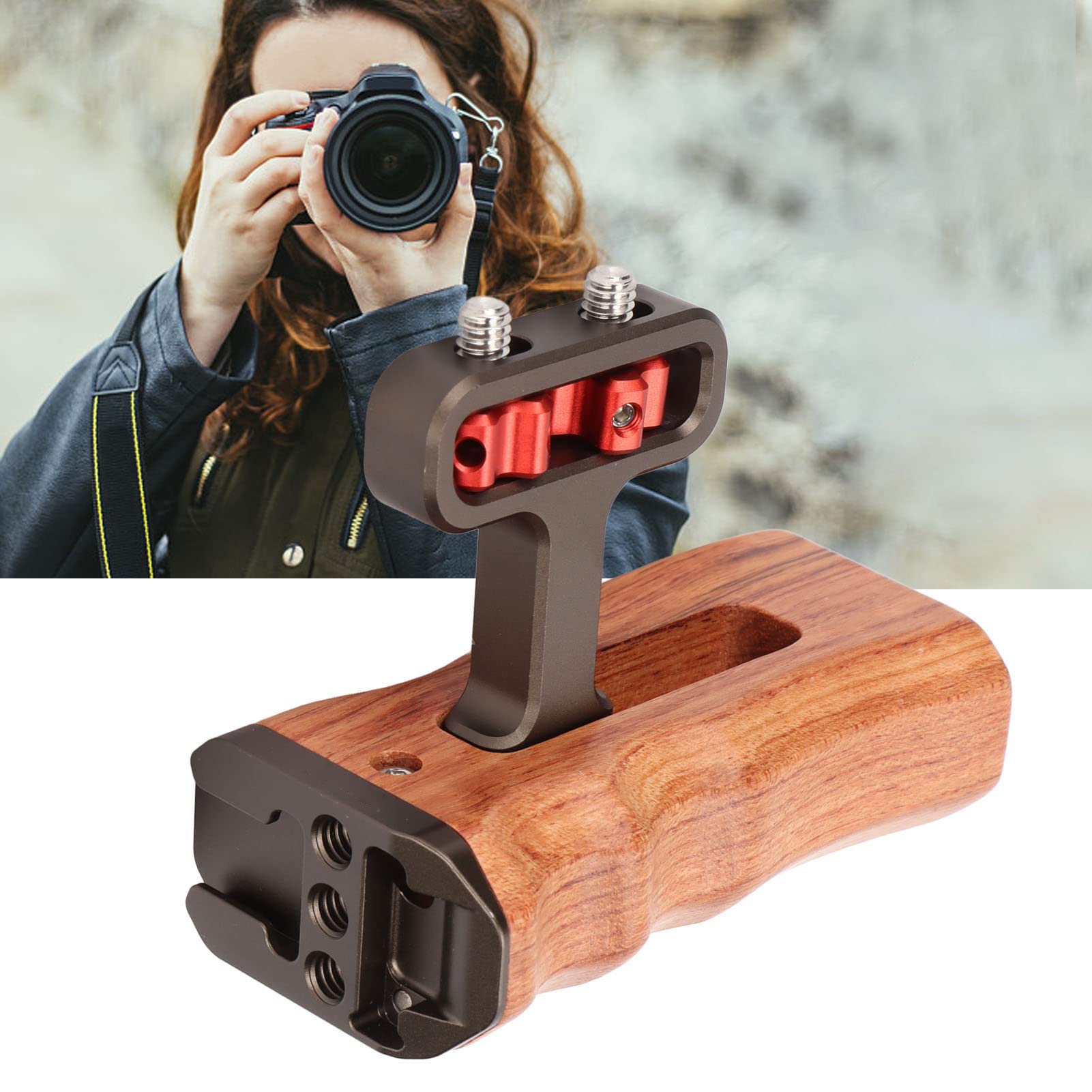 Impugnatura laterale universale in legno, manico in legno naturale brasiliano per fotocamera DSLR, impugnatura ergonomica regolabile con slitta fredda e foro filettato da 1/4 di pollice per microfoni