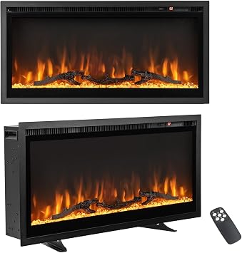 RELAX4LIFE 36 Electric Fireplace Recessed & Wall-Mounted - Freestanding Fireplace Heater w/Adjustable Log Flame, 8H Timer, Remote Control, 750W/1500W Ultra-Thin Linear Electric Fireplace Inserts