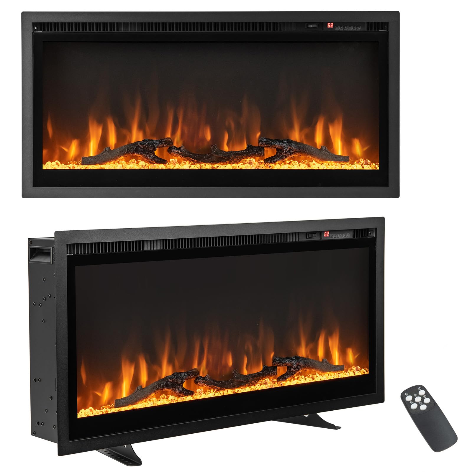 RELAX4LIFE 36’’ Electric Fireplace Recessed & Wall-Mounted - Freestanding Fireplace Heater w/Adjustable Log Flame, 8H Timer, Remote Control, 750W/1500W Ultra-Thin Linear Electric Fireplace Inserts