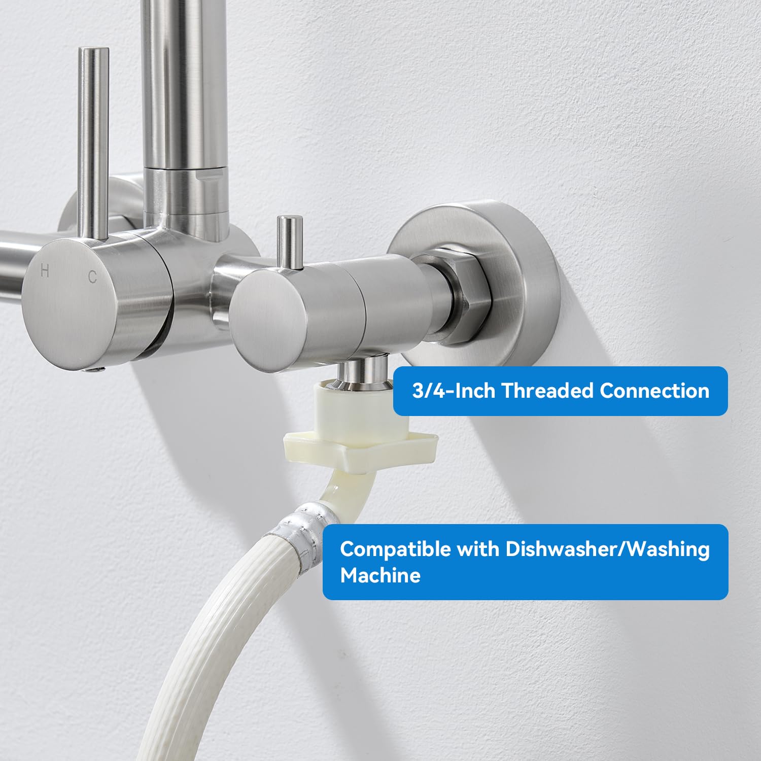 Wasserhahn Küche Wandmontage mit 3/4 Zoll Anschluss, Küchenarmatur Wand für Geschirrspüler/Waschmaschine, Wandarmatur mit 3 Strahlarten, 360° Drehbar Flexibler Auslauf, Gebürstetes