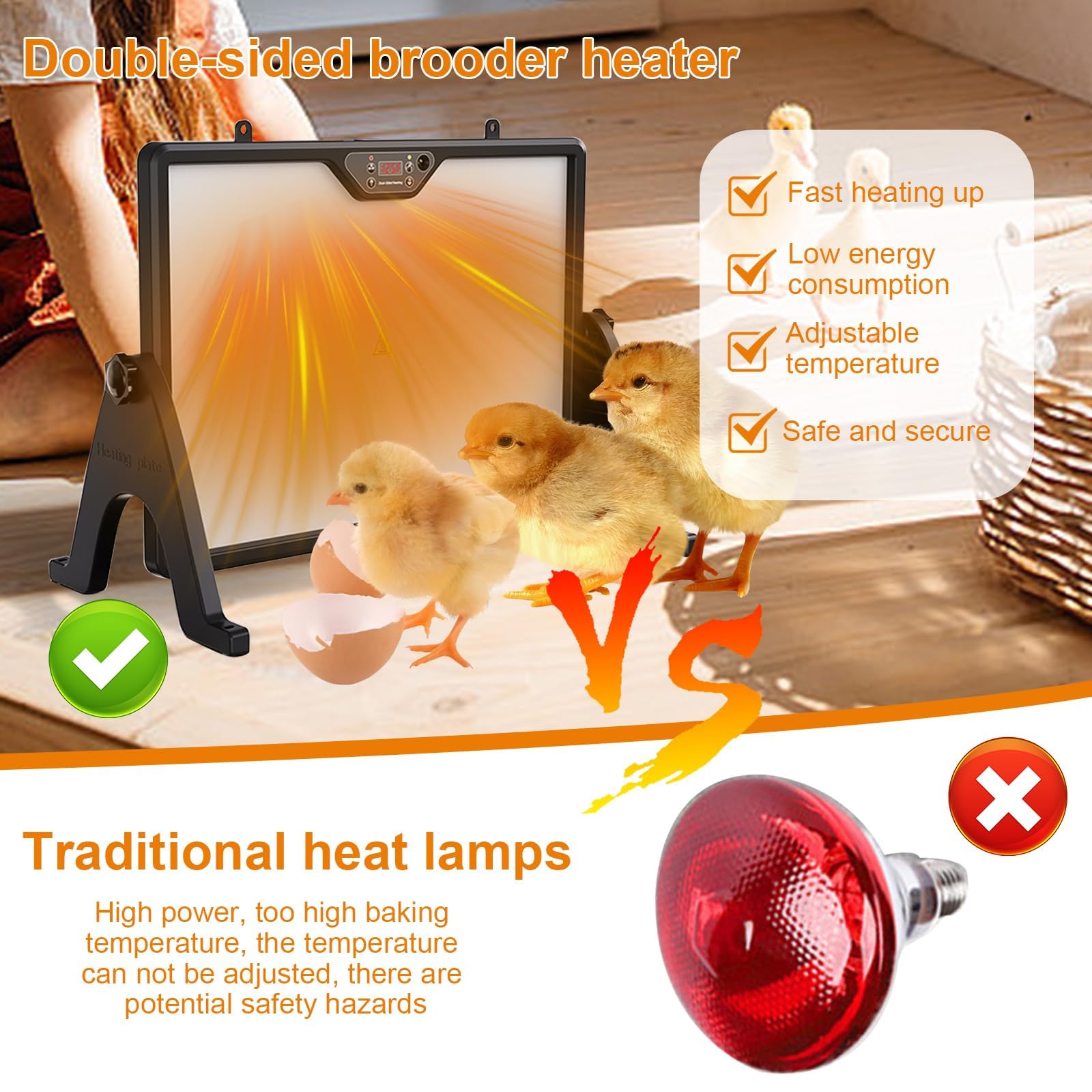 Placa Calefactora para Criadora De Pollitos, Calentador De Gallinero De Doble Cara, con Pantalla Inteligente, Control Remoto Y Luz, Temperatura Ajustable De 30-75 ℃, Ángulo De Rotación De 360°