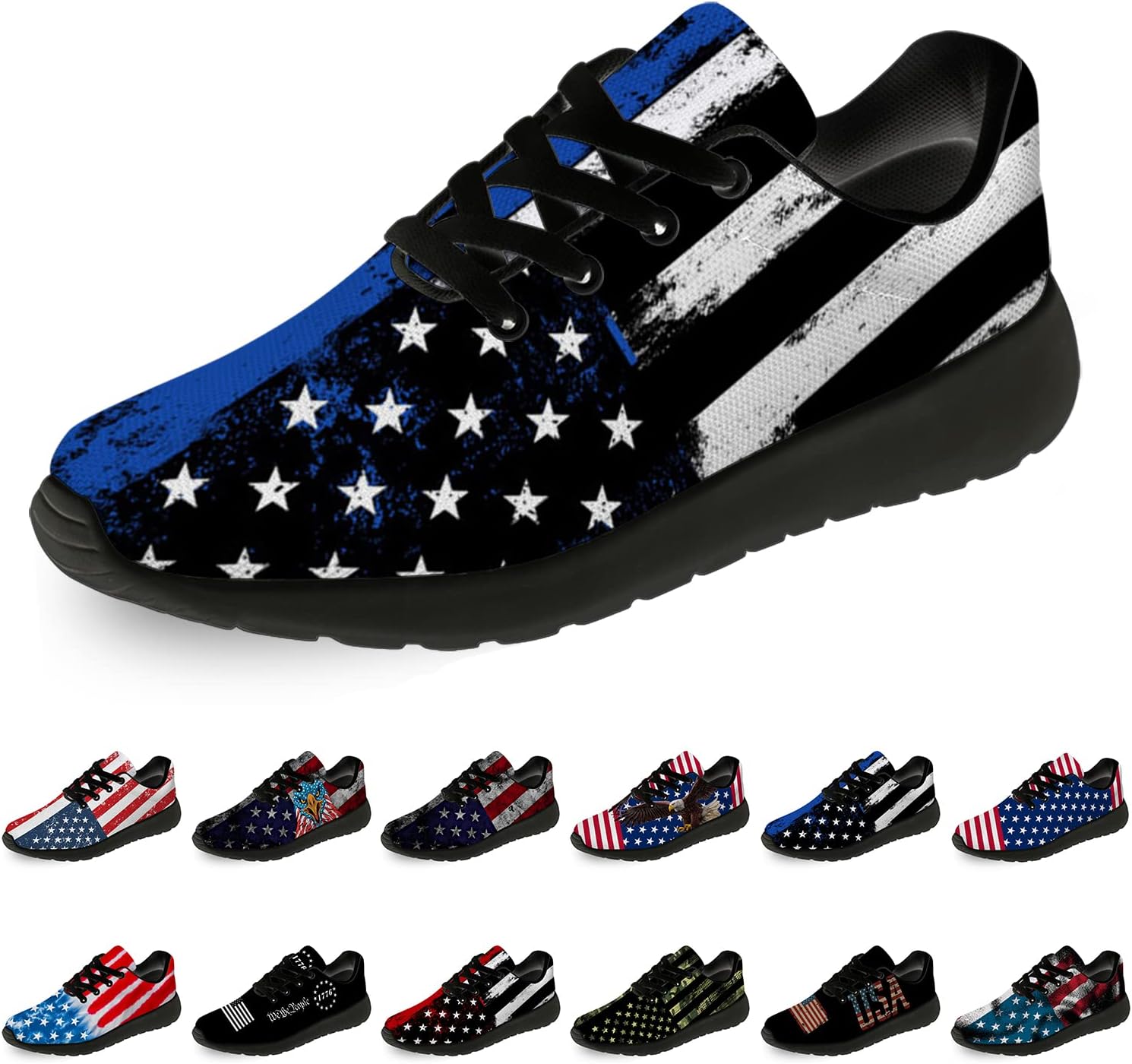 horethy Womens Mens Thin Blue Line Shoes Running Shoes Walking Tennis Sneakers Honor Duty Courage American Flag Shoes Gifts for Boy Girl,Size 11.5 Men/14 Women Black