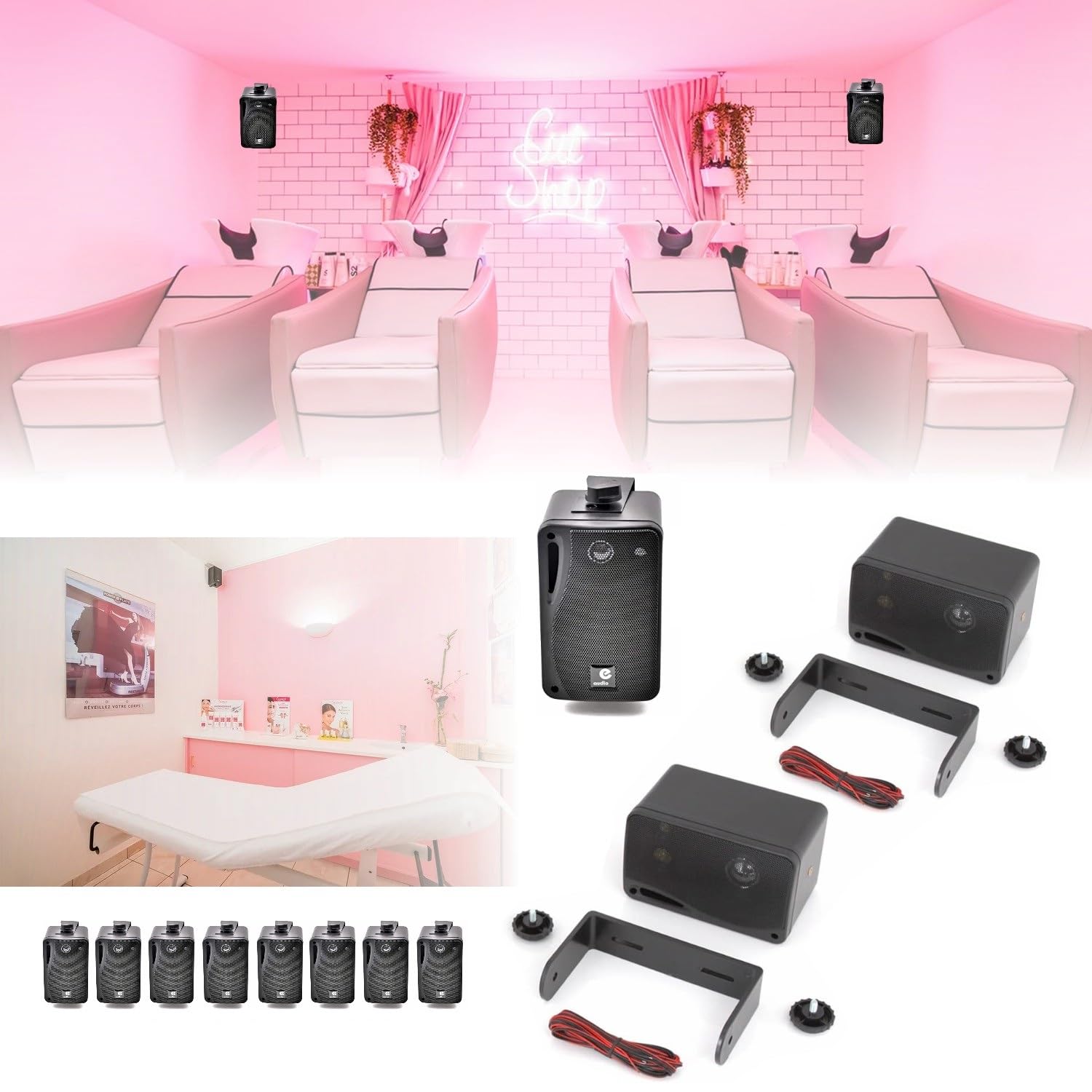 LTC - Pack HiFi Ampli Bluetooth Stéréo USB SD LTC MFA1200USB-BT-BL 2x50W - 8 Mini Enceintes B416B 80W - Magasin Commerce Restaurant