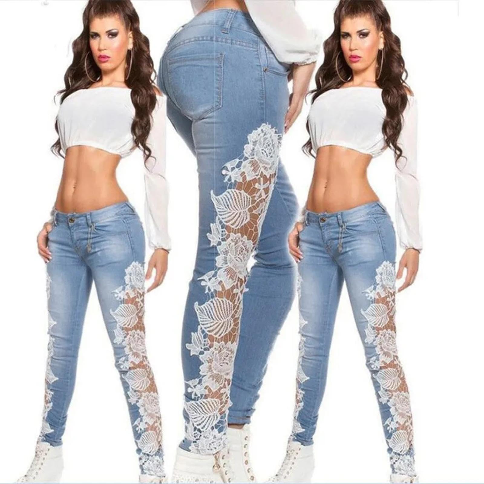 Jeans Pantalon Jeanshosen Denim Damen Jeans Spitze Hohl Aus Applikationen Transport Match Floral Mode Jeans Push Up Leggings Kleidung