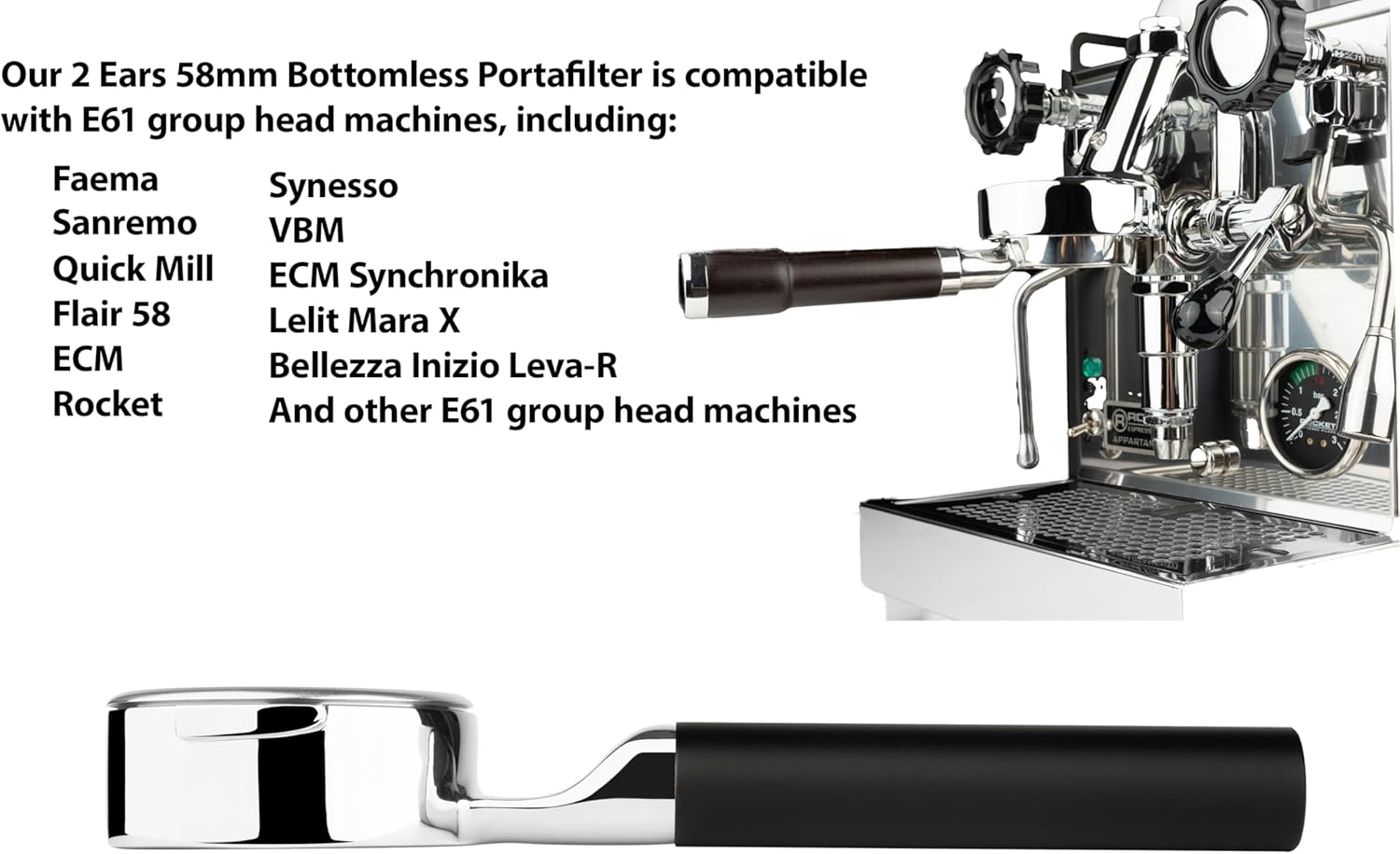 LILQ 58mm Bottomless Naked 2 Ears Lay Flat Portafilter Compatible with Profitec Go and E61 Grouphead Machines– Includes 18–20g Basket - Anodized Aluminum Handle (Black Aluminum, 58mm For E61)