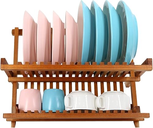 Miniatura 7 de Utoplike Juego de organizador de cajones de cuchillos de cocina de bambú y escurridor de platos de teca, plegable de 2 niveles, escurridor de