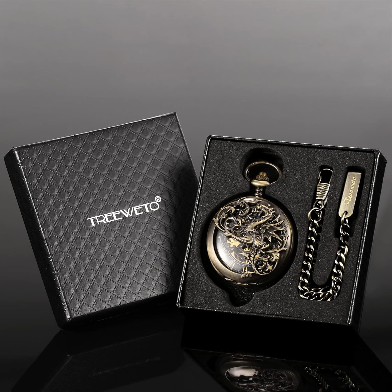 TREEWETO Mechanical Pocket Watch - Dream Dragon Skeleton Half Hunter Double Open Silver Case