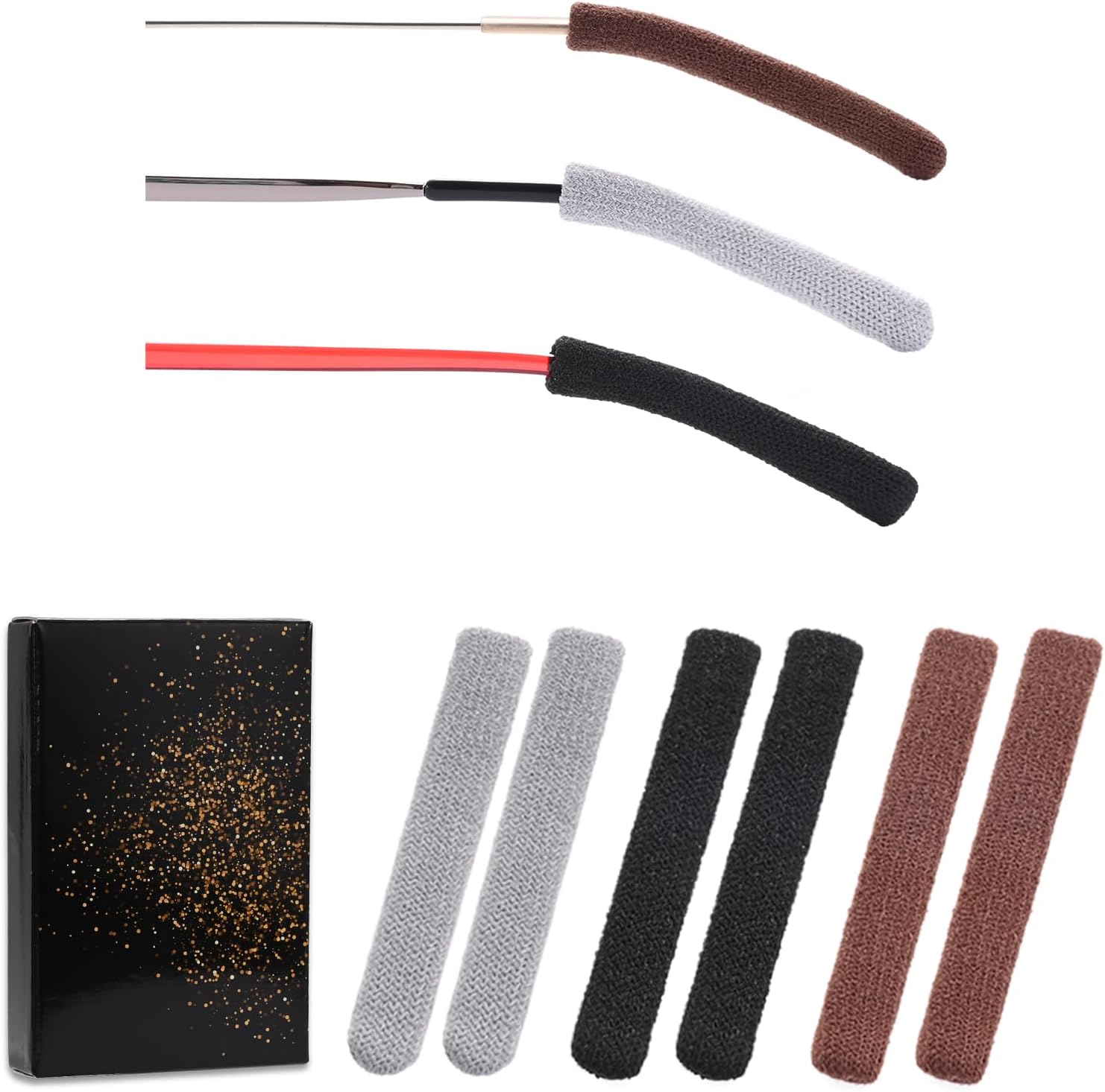 Glasses Ear Cushion, Anti-Slip Elastic Comfort Eyeglasses Temple Tips Sleeve, Soft and Well-Fitting Glasses Ear Grip, Knitting Eyeglass Arm Cushion (Black/Brown/Grey, 3 Pairs)