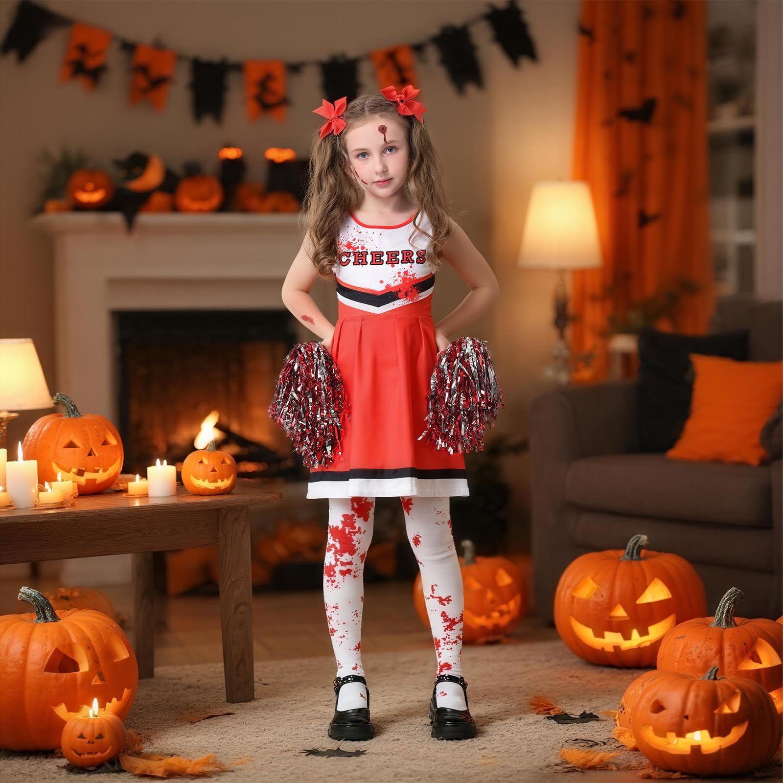 Mystery Code Vestito Halloween Bambina, Costume Zombie Cheerleader per Ragazza con Pom Poms, Calze, Tatuaggi e Capelli, Strega Costumi Halloween Diavolo Bambina Feste e Cosplay per 7-12 Anni Bambini