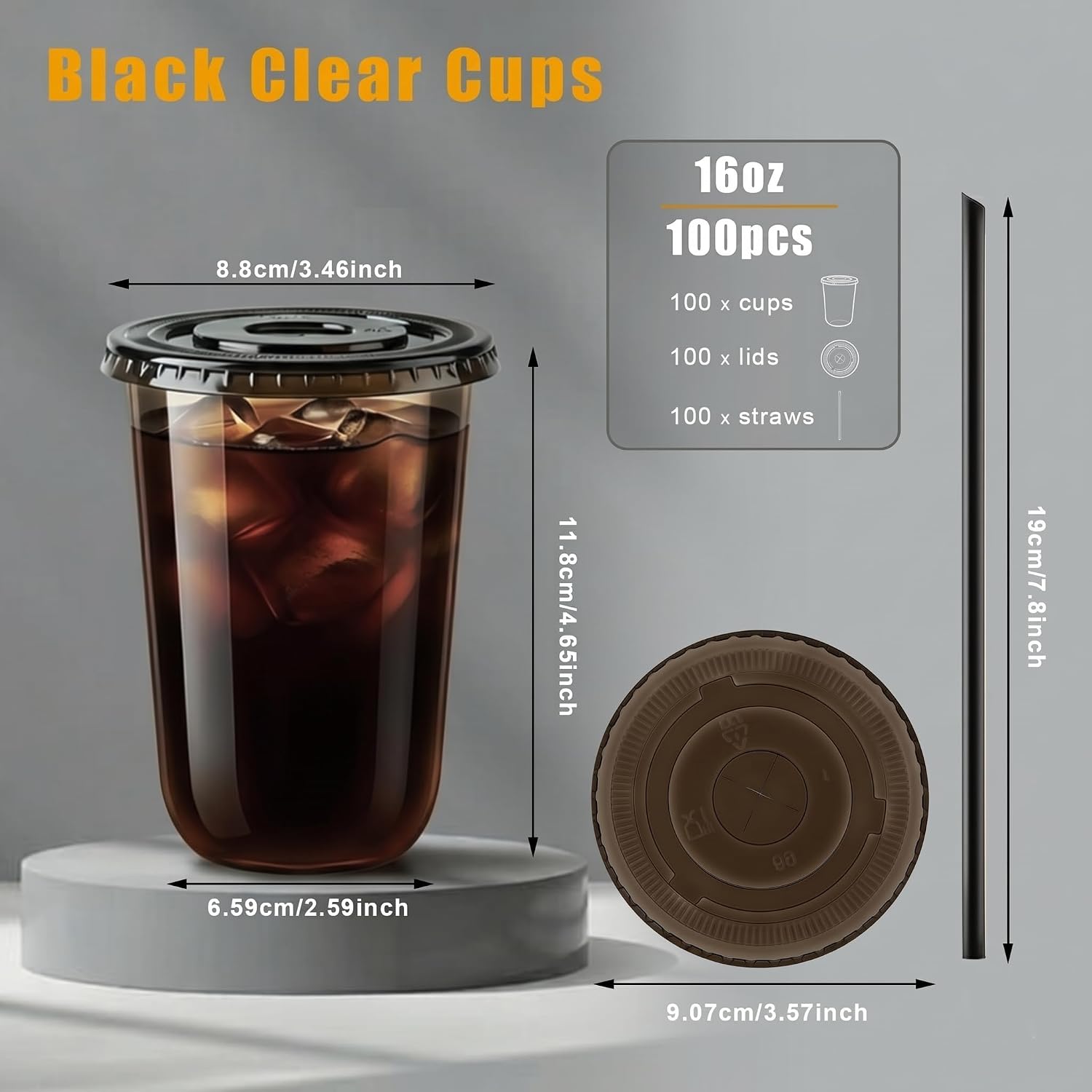 100 Sets 16 oz Plastic Cups with Lids and Straws, Black Clear Disposable Iced Coffee Cups To Go, U-Shaped Cold Drink Cups for Smoothie, Juice, Bubble Tea, Party Supplies (Black, 16oz) image 3
