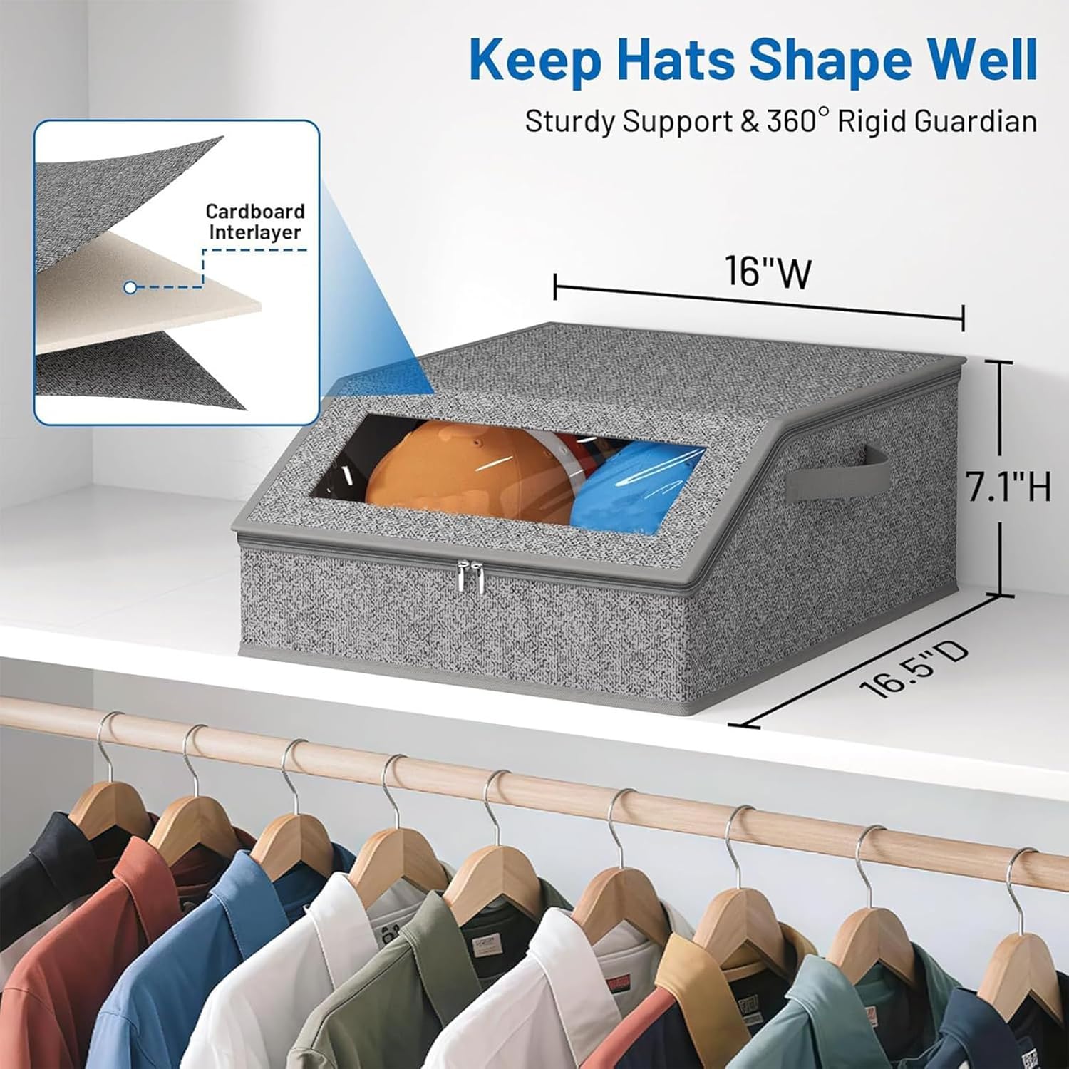 Hat Storage Organizer - Clear Window Container, Thick Cardboard Organizer Box for Family Friends Outfits Bedroom Indoor Home | Store Hats Clothes Scarves Gloves Neatly and Conveniently in Box