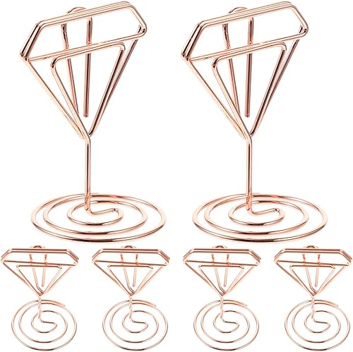 Miniatura 10 de Luxshiny Juego de 6 mini tarjetas de lugar, soporte de alambre de metal, soporte de números de mesa de diamante, clips de fotos decorativos para