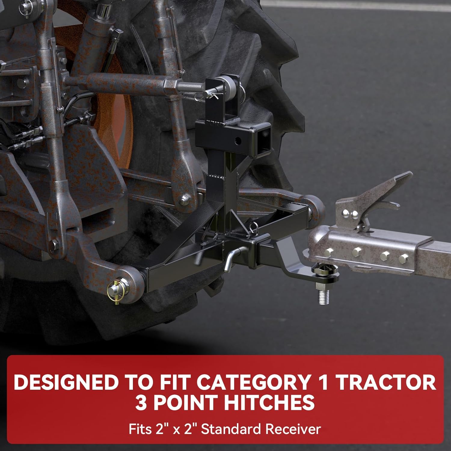 Black 3 Point Hitch Receiver with Dual 2” Receiver, 3 Point Trailer Hitch for Tractor, Fit for Standard/5th Wheel/Goose Neck Connections, 3 Pt Quick Hitch Farm Equipment and Subcompact Trailer Hitch