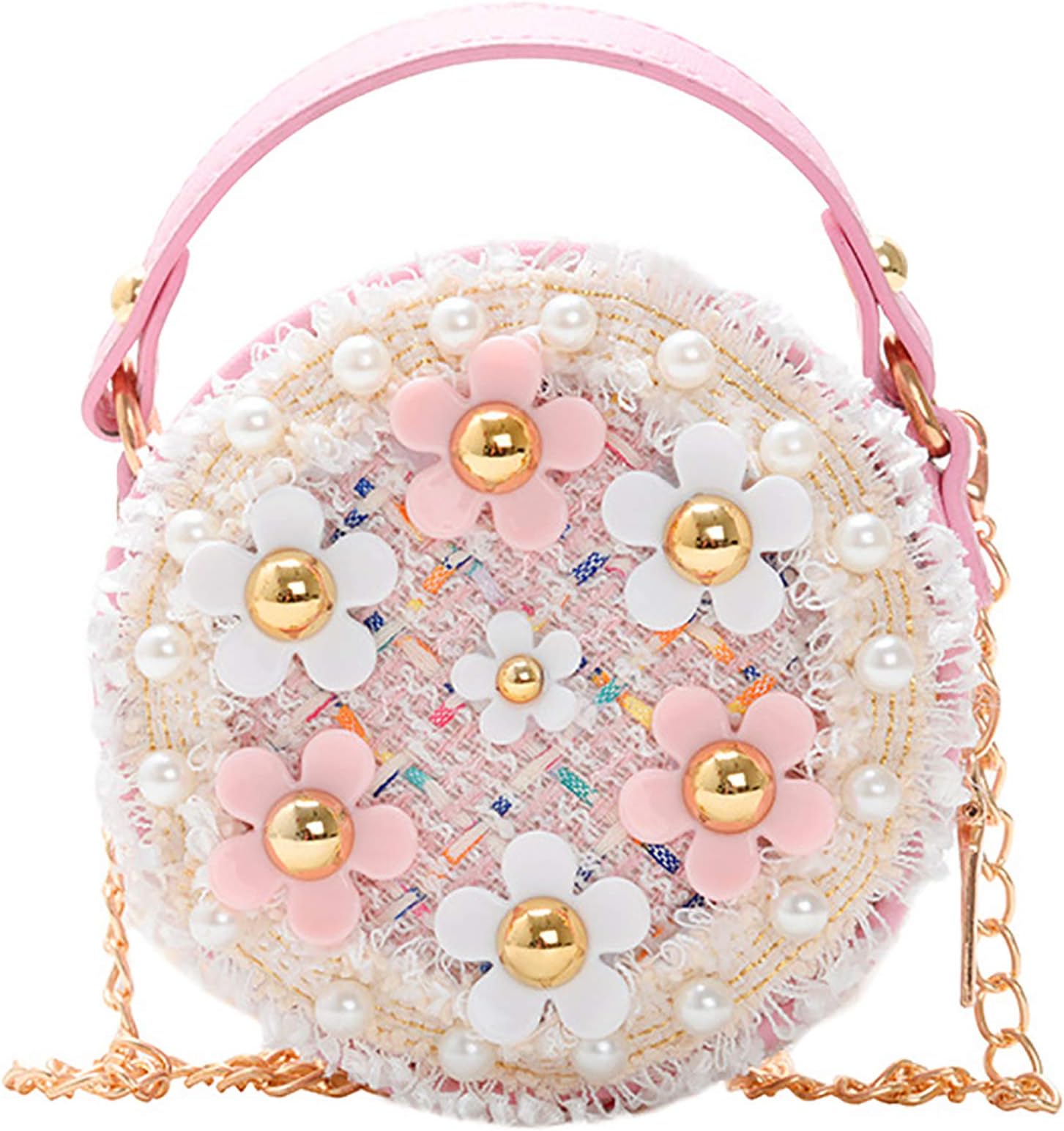 Little Girls Toddler Crossbody Purse with Pearl Flowers Mini Cute Princess Handbags Shoulder Chain Bag