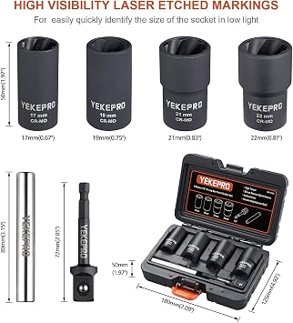 6 PCS Lug Nut Removal Tool, 1/2-inch Drive Impact Twist Socket Set & Bolt Extractor Set, 17,19,21,22MM Wheel Lock Removal Kit for Removing Damaged, Frozen, Rusted, Nuts & Screws, Cr-Mo Steel