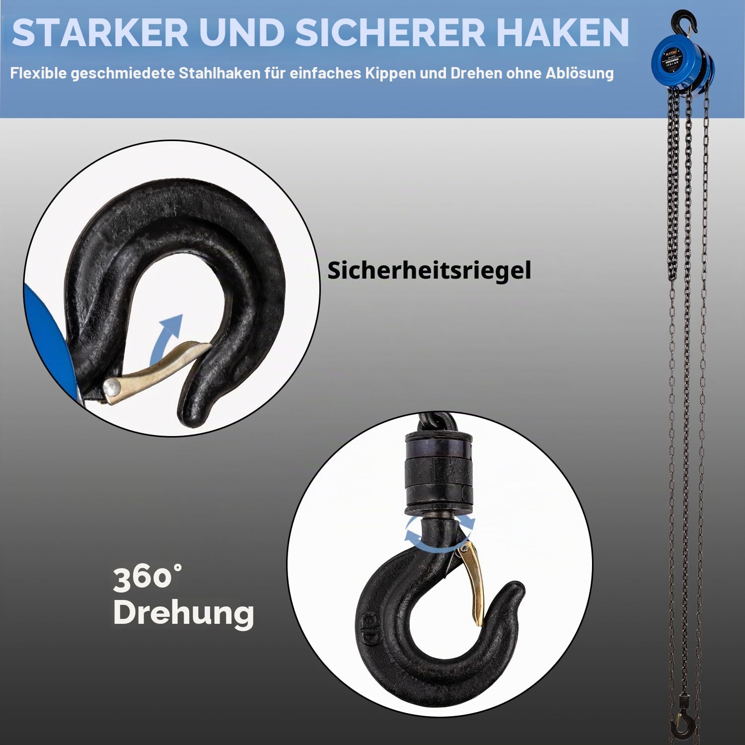 KATSU Tools Kettenzug 1000kg 3m Hubhöhe, Robuste Haken mit Sicherheitsbügel, Kettenblock, Garage Automotor Schwerlast-Hebewerkzeug 181740