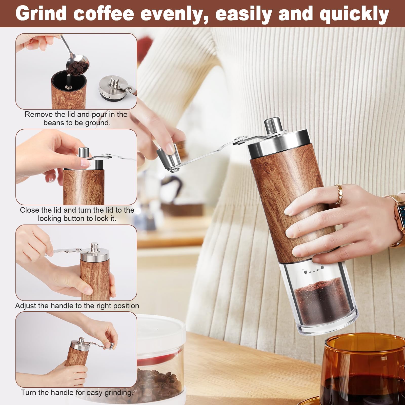 MXTIMWAN Macinacaffè manuale,Macinino caffè,Macinacaffe Portatile Professionale da Mano,Coffee Grinder,Grado di Rettifica Regolabile,Macinacaffè Manuale Viene Fornito Con Spazzola perLa Pulizia