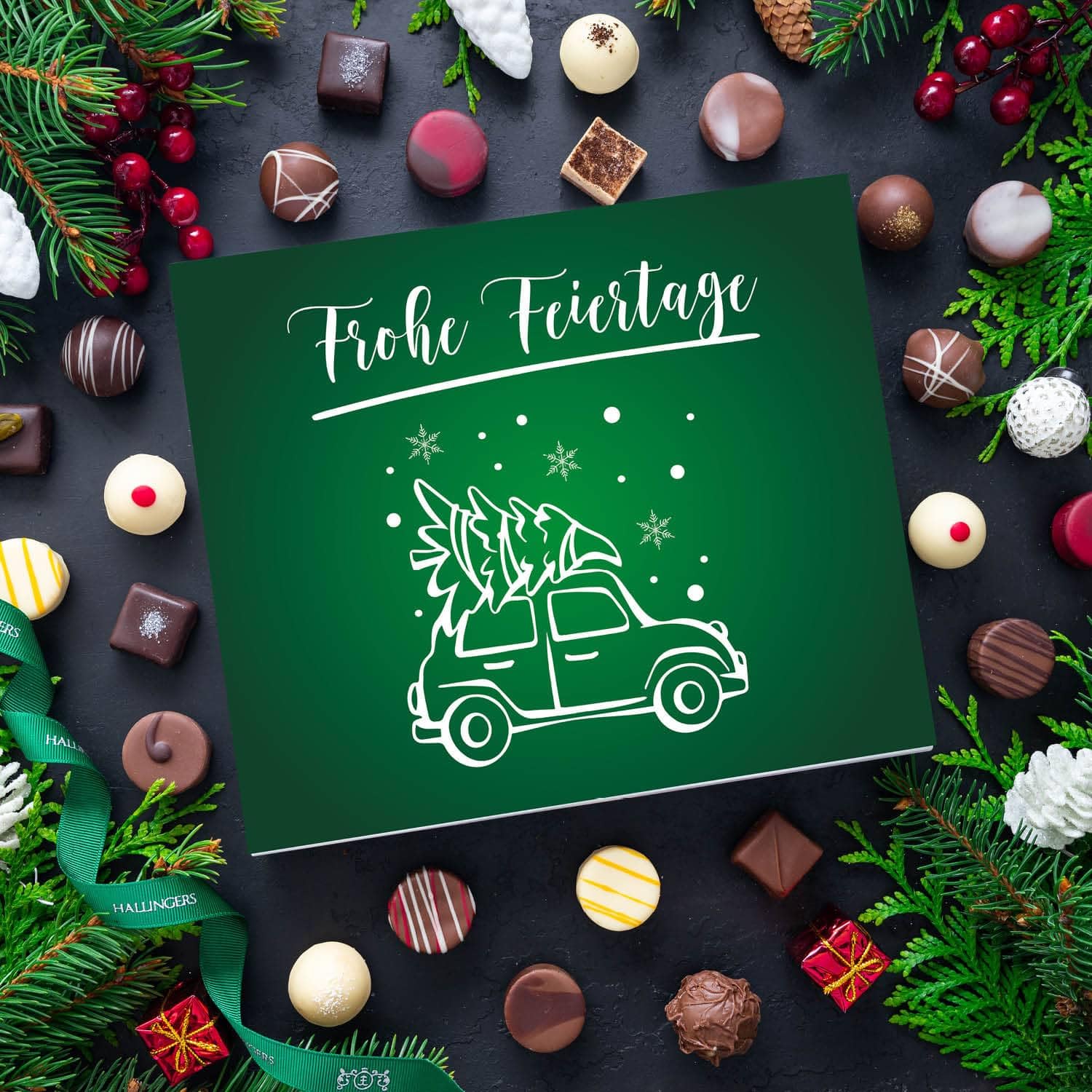 Hallingers Genuss Manufaktur Pralinen Weihnachts-Geschenk - ohne Alkohol, handmade aus Confiserie-Edelkakao in wertiger XXL-Geschenkbox "Frohe Feiertage", Weihnachten für Frauen Männer