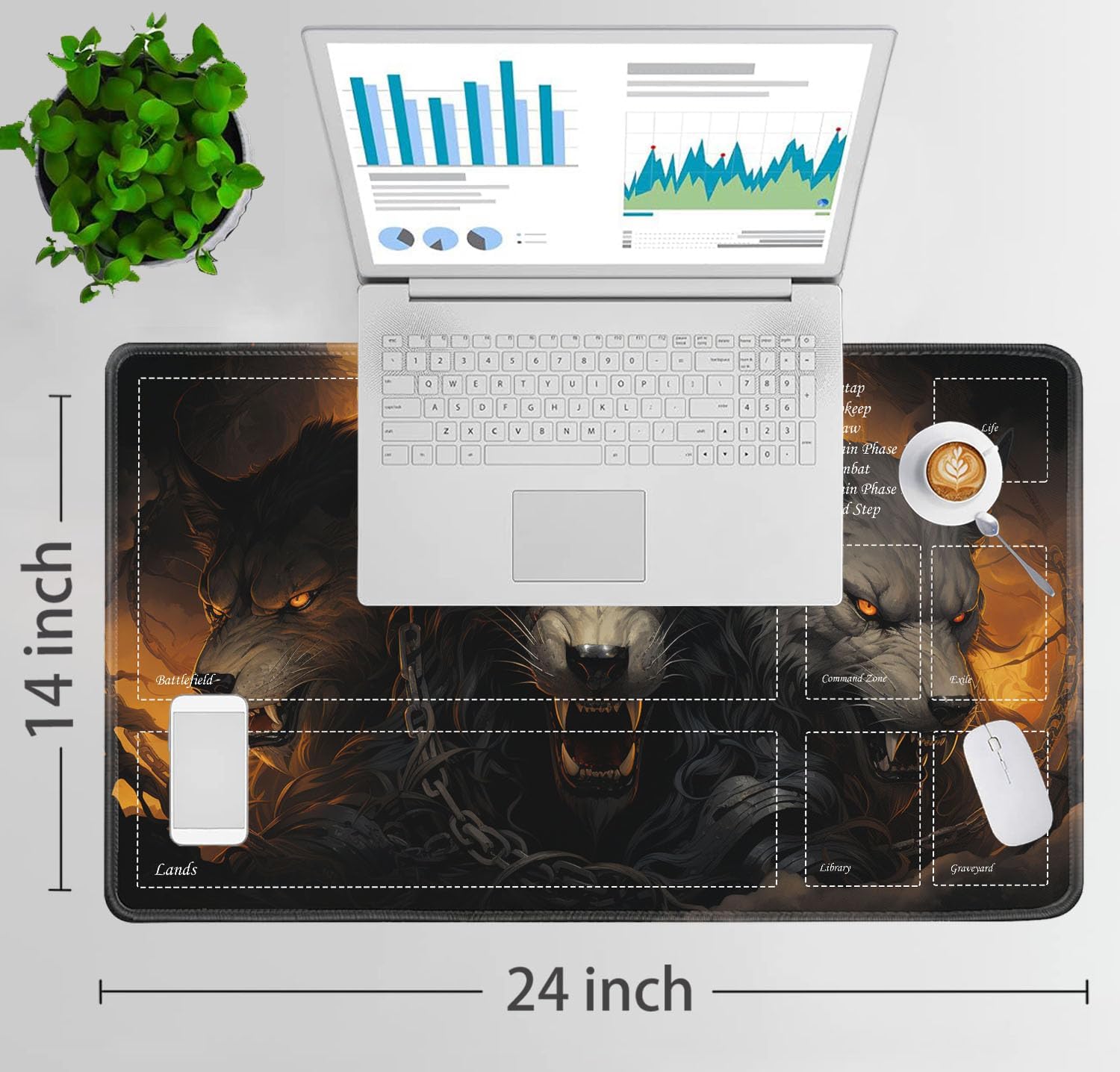 JVGFYNKL Ferocious Wolf MTG Playmat, 24x14 Inch, Non-Slip Rubber, Polyester, Large, With Zones, Includes 6 Dice, Perfect for Gaming and Home Use