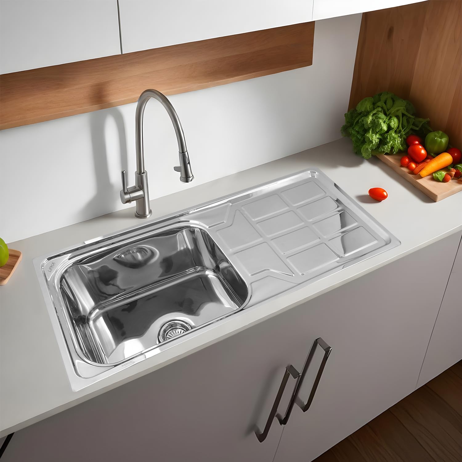 Lipka304 Grade Stainless Steel Square Single Bowl with Drain Board Kitchen Sink (Gold Range) 45x20x9 Inches