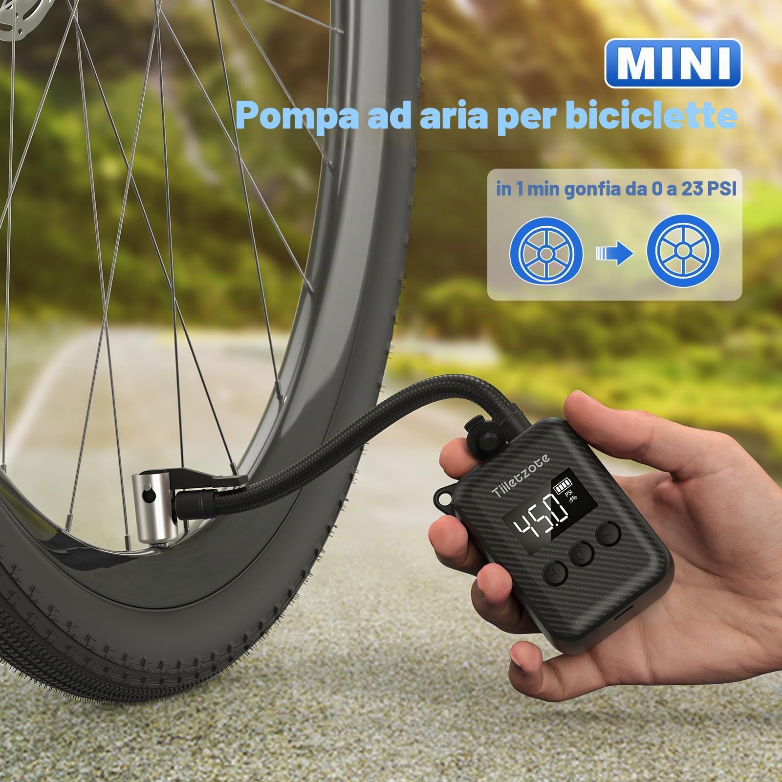 Mini pompa elettrica Bike Pump ricaricabile per bicicletta, 130 PSI, portatile con manometro, spegnimento automatico, adatta per mountain bike, bici da strada e city bike