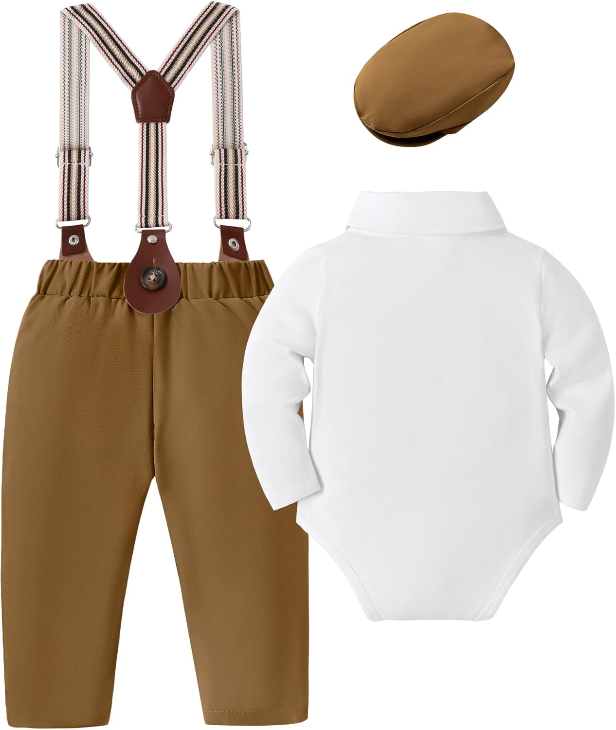 YUEMION Baby Boy Clothes Wedding Outfit Infant Tuxedo Gentleman Suits Dress Shirt+ Beret Hat +Suspender Pants +Bowtie 0-18M - Image 4